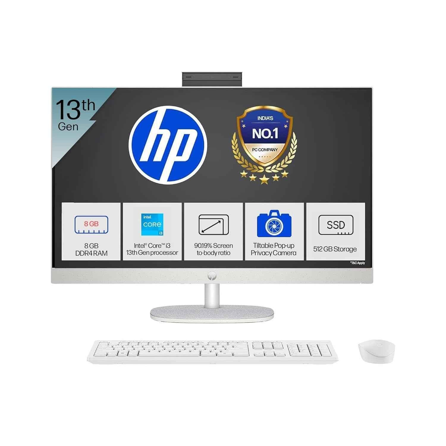 HP 27 inch Shell White FHD All-in-One Desktop with 13th Gen/Intel Core i3-1315U/8GB/DDR4/512GB/SSD/Window 11/Office 24 & IR Tilt Camera, 27-CR0902IN/CR0906IN