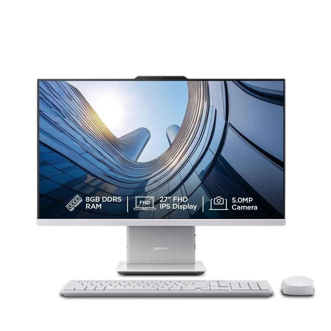 Lenovo IdeaCentre AIO 27 inch White QHD All In One Desktop with Intel i3-1315U/8GB DDR5/512GB SSD/MS Office 2024/Windows 11 Home, Keyboard & Mouse, F0HM00G4IN