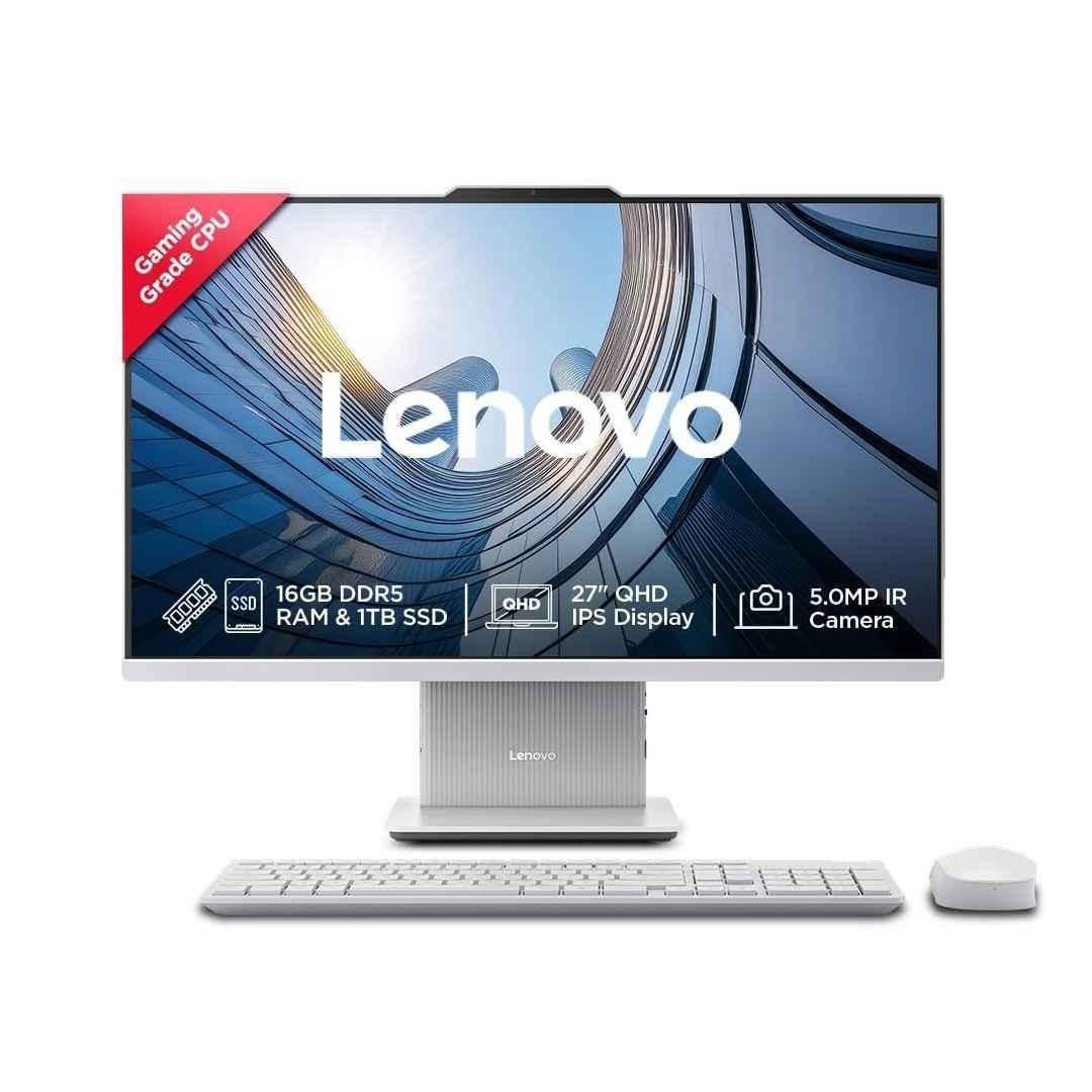 Lenovo IdeaCentre AIO 27 inch Cloud Grey QHD All In One Desktop with Intel Core i7-240H/16GB DDR5/1TB SSD/MS Office 2024/Windows 11 Home, Keyboard & Mouse, F0HM00PXIN