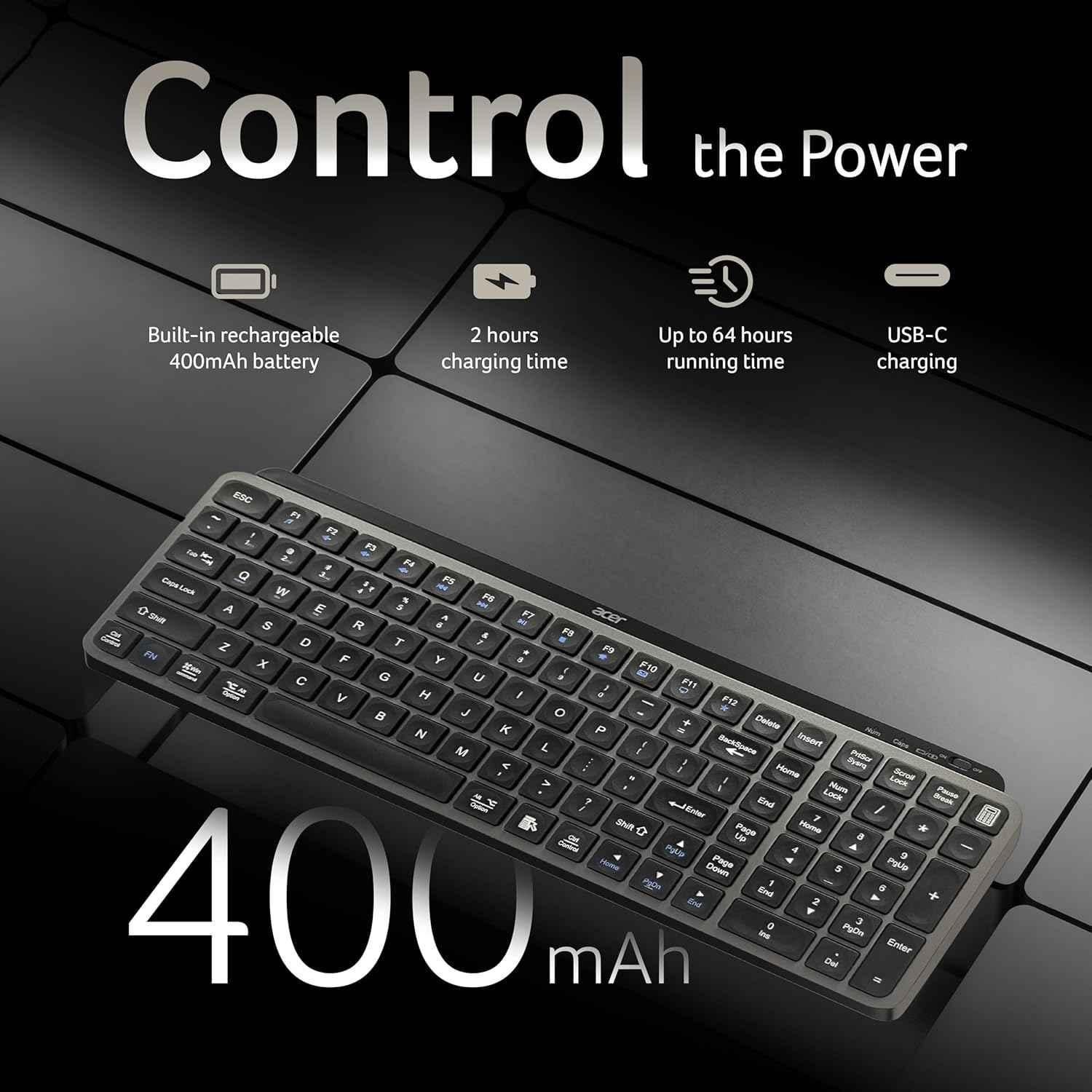 Acer KeyPro X105 105 Keys ABS Grey USB-C Wireless Keyboard with Dual Mode, ZC.A01SI.3ZF - view 3