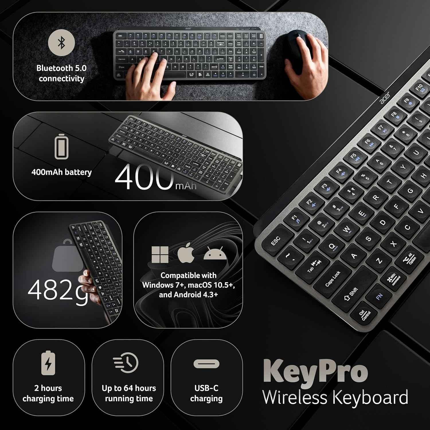 Acer KeyPro X105 105 Keys ABS Grey USB-C Wireless Keyboard with Dual Mode, ZC.A01SI.3ZF - view 5