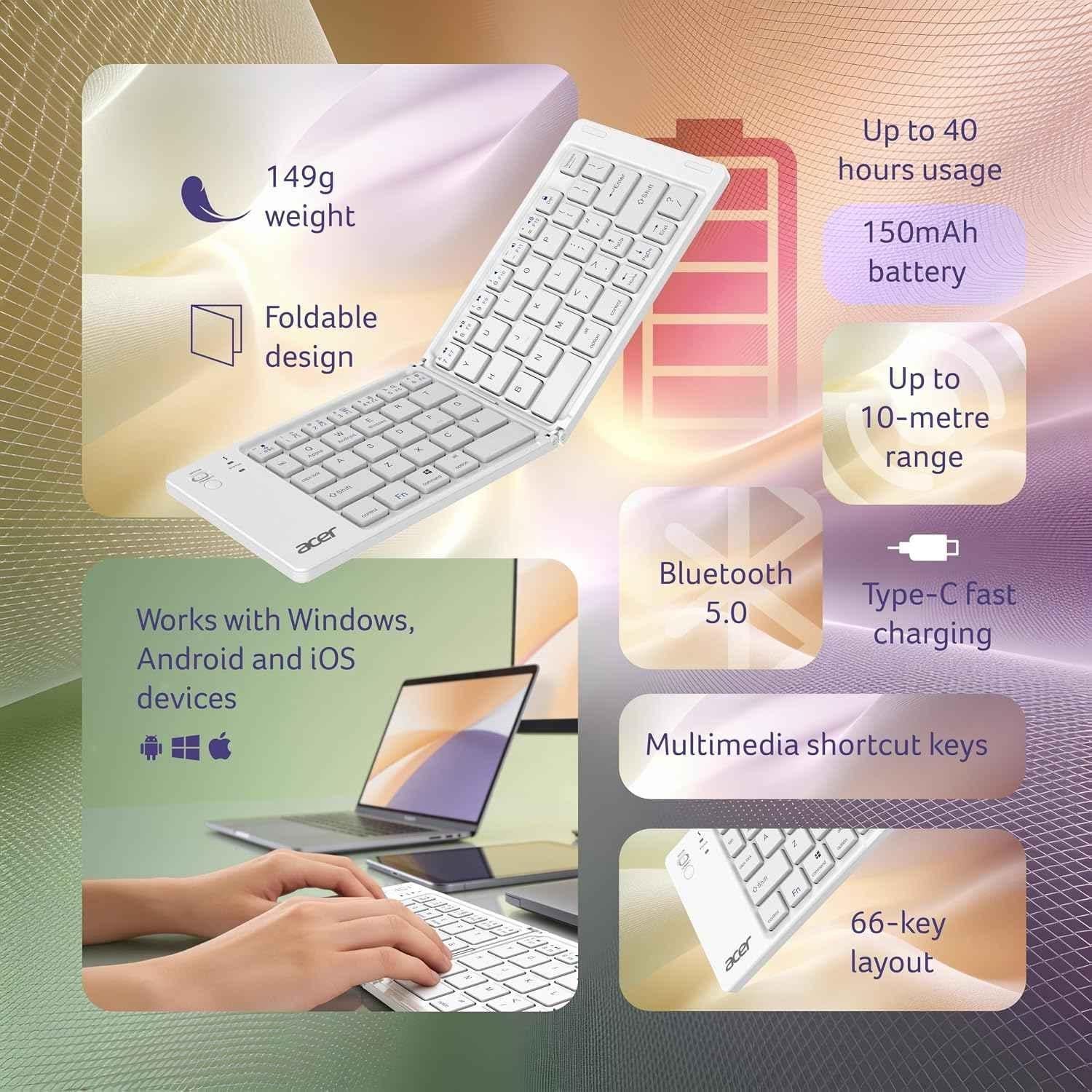 Acer MiniFold 180mAh 66-Key White Foldable Portable Bluetooth Keyboard with Bluetooth 5.0, Rechargeable Battery, Type-C Charging, ZC.A01SI.4YL - view 3