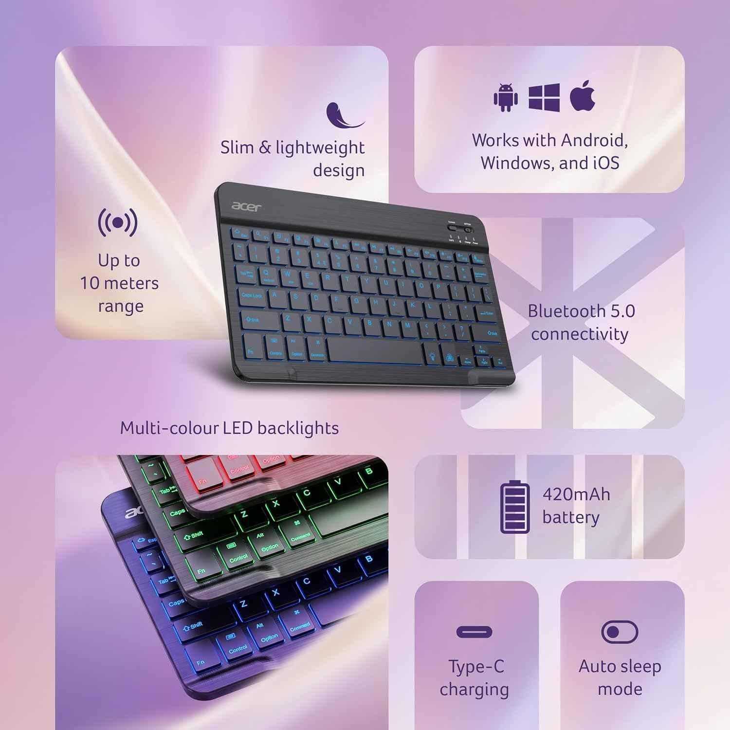 Acer Nano Pad 420mAh Slim Wireless Backlit Keyboard with Bluetooth 5.0, Multi-Device Support & RGB Backlit Keys, ZC.A01SI.4YK - view 3