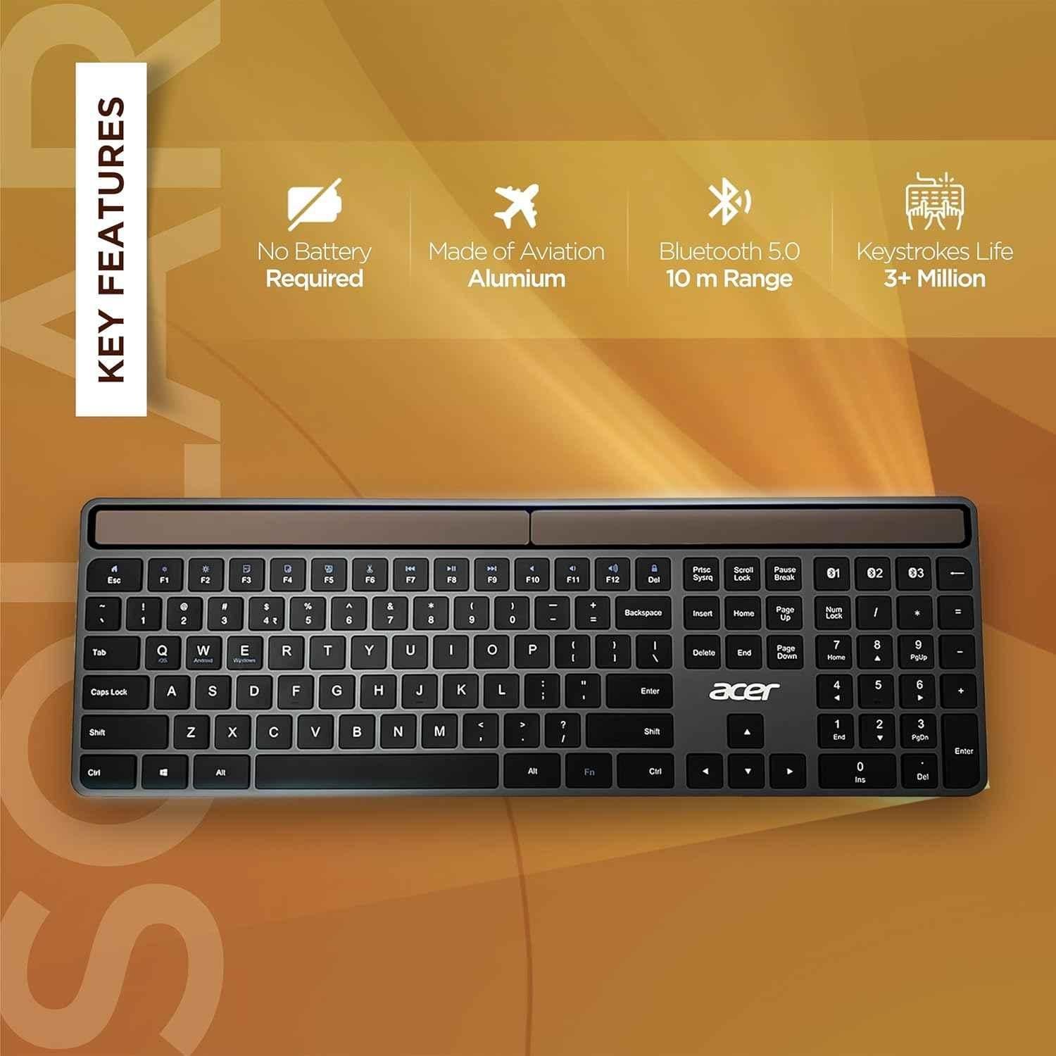 Acer Solaris 10m Aluminium & ABS Grey Solar Powered Bluetooth Keyboard, ZC.A01SI.1LH - view 3