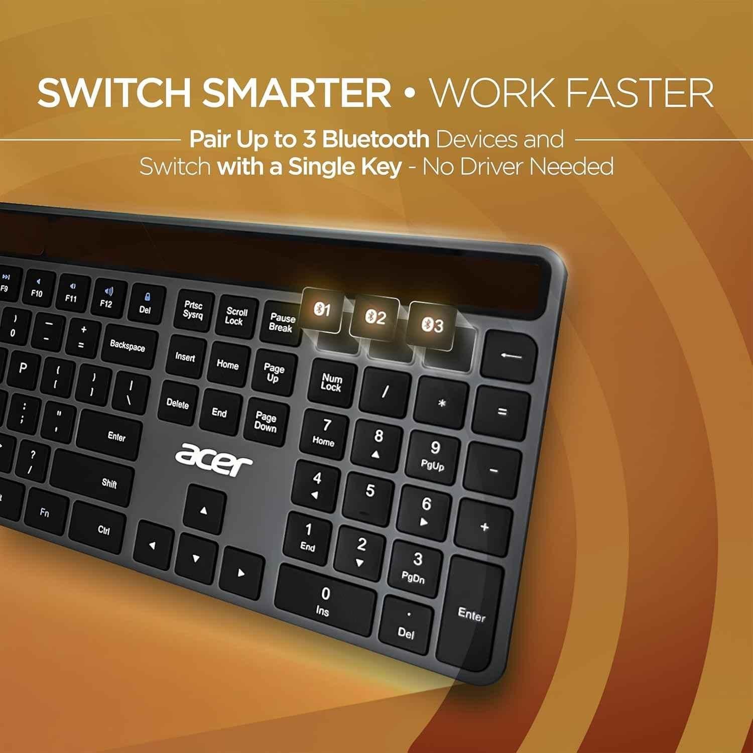 Acer Solaris 10m Aluminium & ABS Grey Solar Powered Bluetooth Keyboard, ZC.A01SI.1LH - view 4