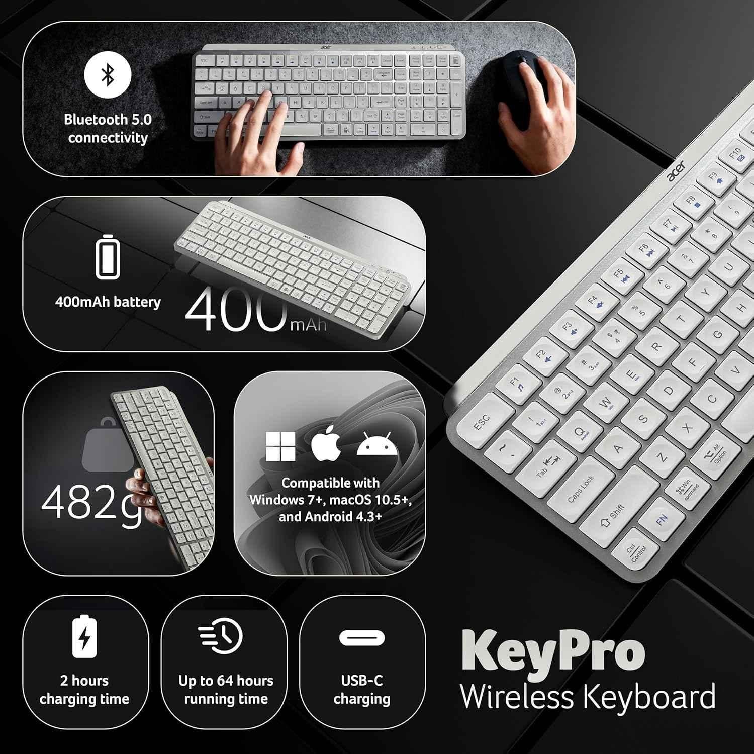 Acer KeyPro X105 2.4GHz ABS Silver Wireless Keyboard with Dual Mode, ZC.A01SI.3ZG - view 4