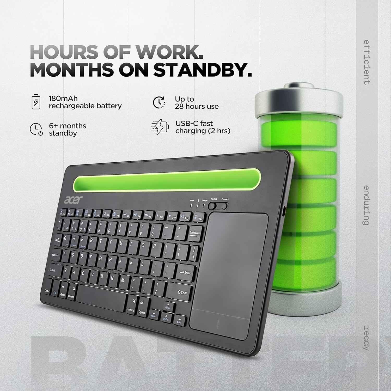 Acer SwiftConnect ABS Black Wireless Rechargeable Keyboard with Cradle & Dual Channel Switch, ZC.A01SI.224 - view 3