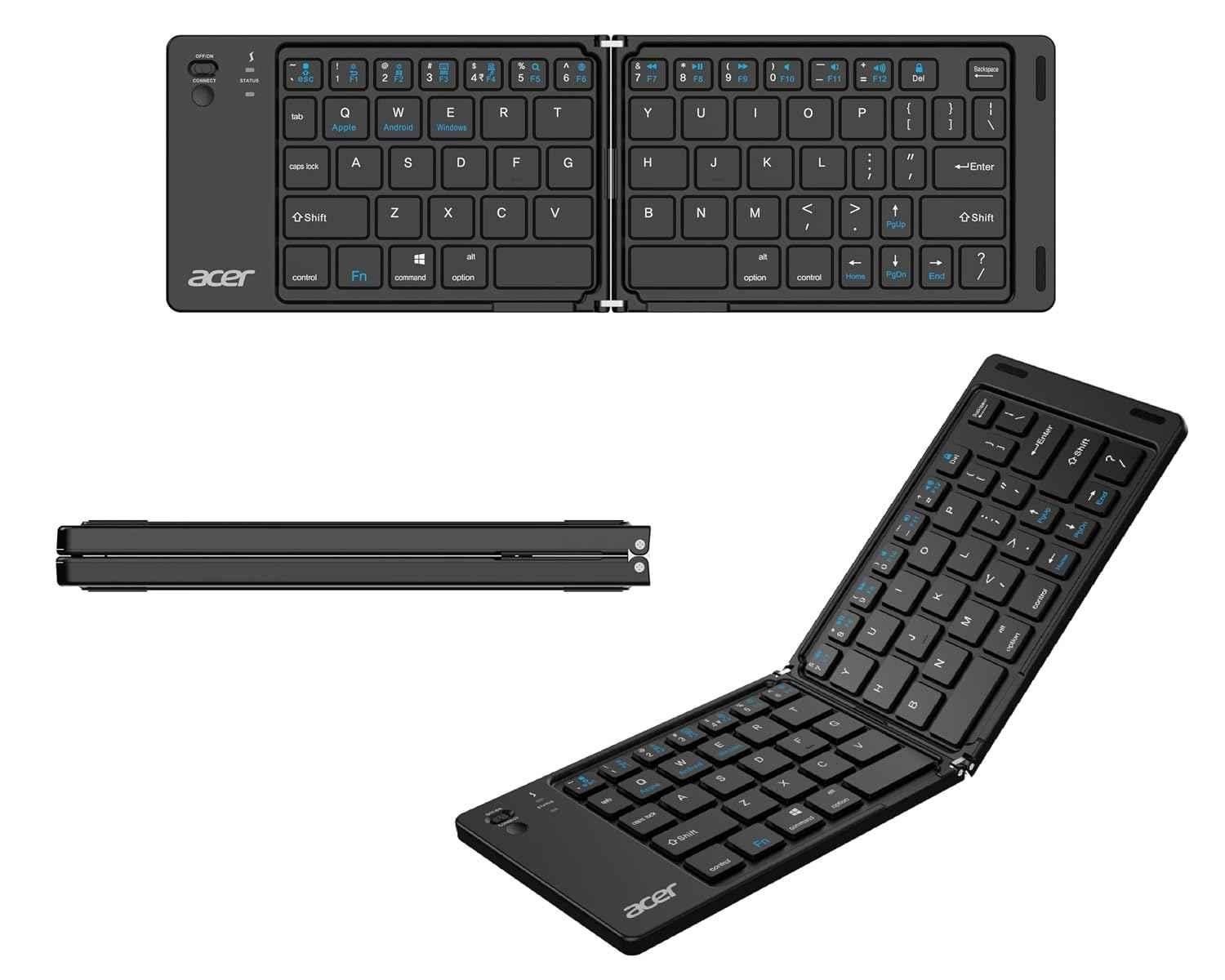 Acer MiniFold 180mAh 66-Key Black Foldable Portable Bluetooth Keyboard with Bluetooth 5.0, Rechargeable Battery, Type-C Charging, ZC.A01SI.39Z