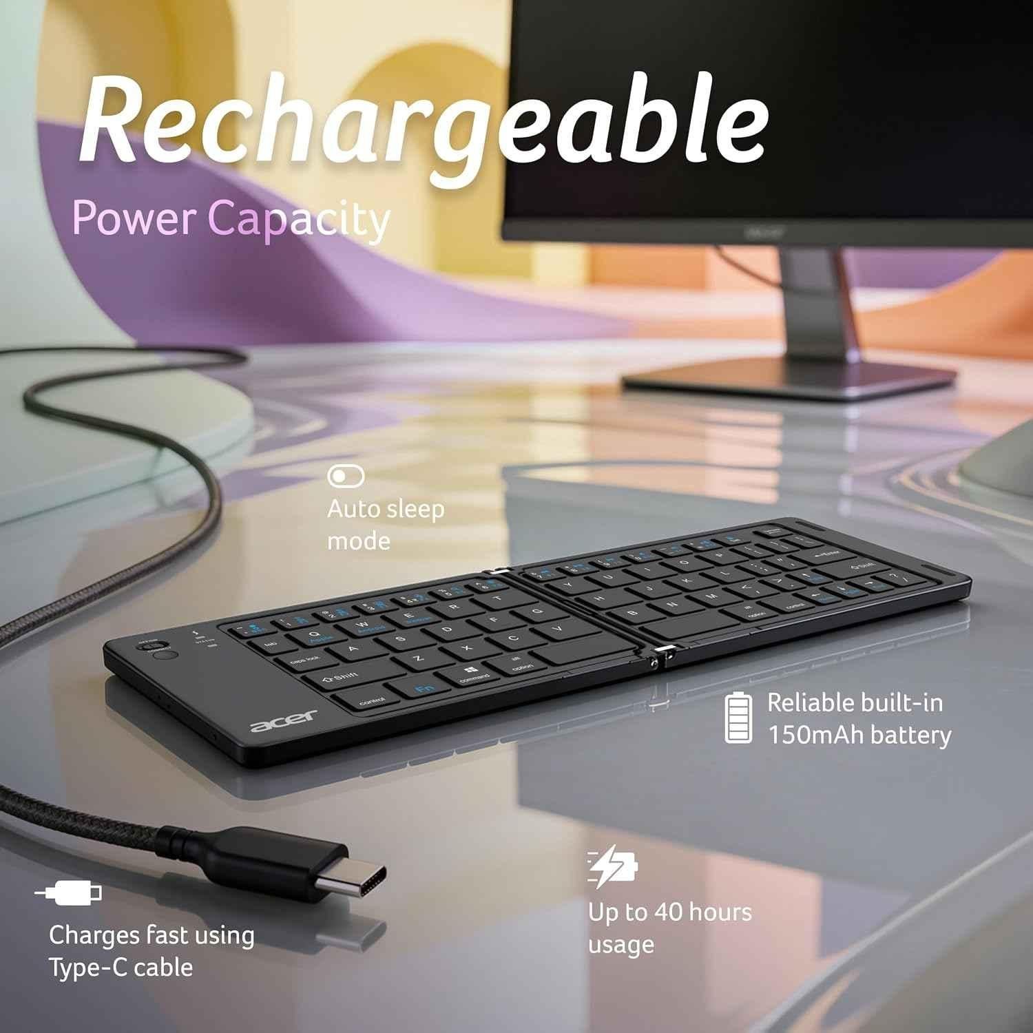 Acer MiniFold 180mAh 66-Key Black Foldable Portable Bluetooth Keyboard with Bluetooth 5.0, Rechargeable Battery, Type-C Charging, ZC.A01SI.39Z - view 1