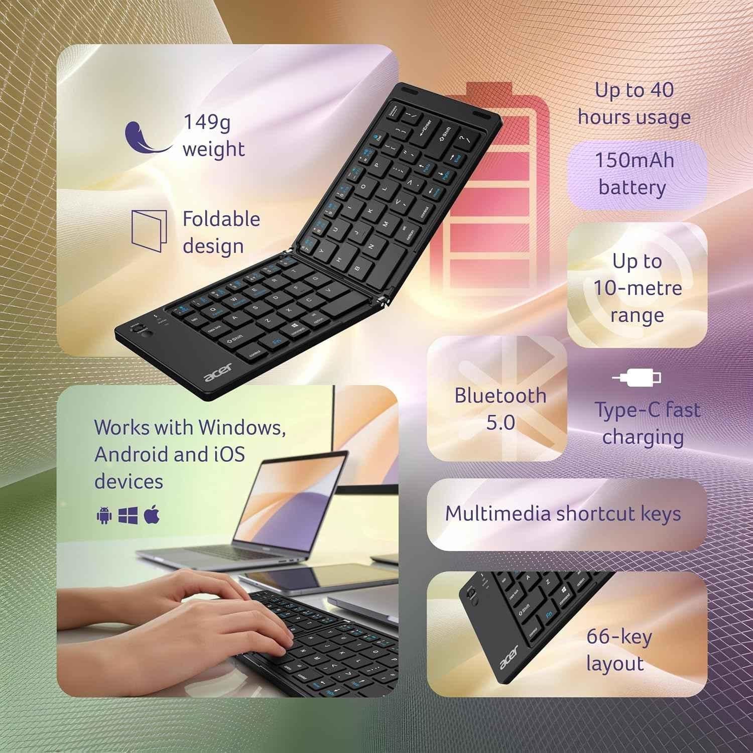 Acer MiniFold 180mAh 66-Key Black Foldable Portable Bluetooth Keyboard with Bluetooth 5.0, Rechargeable Battery, Type-C Charging, ZC.A01SI.39Z - view 2