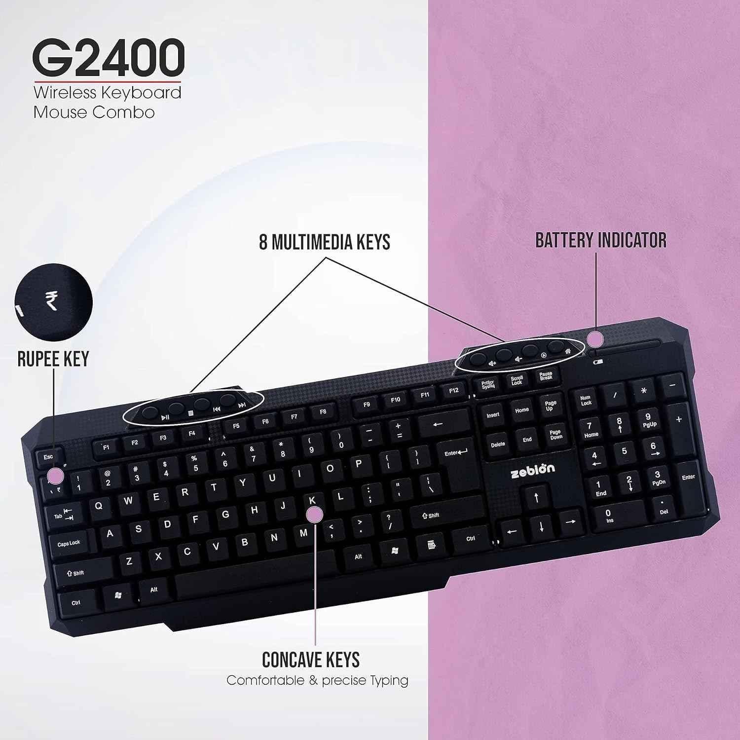 Zebion G2400 USB Wireless Black Keyboard & 1600dpi Wireless Mouse with Nano Receiver Combo, ITD-29 - view 3