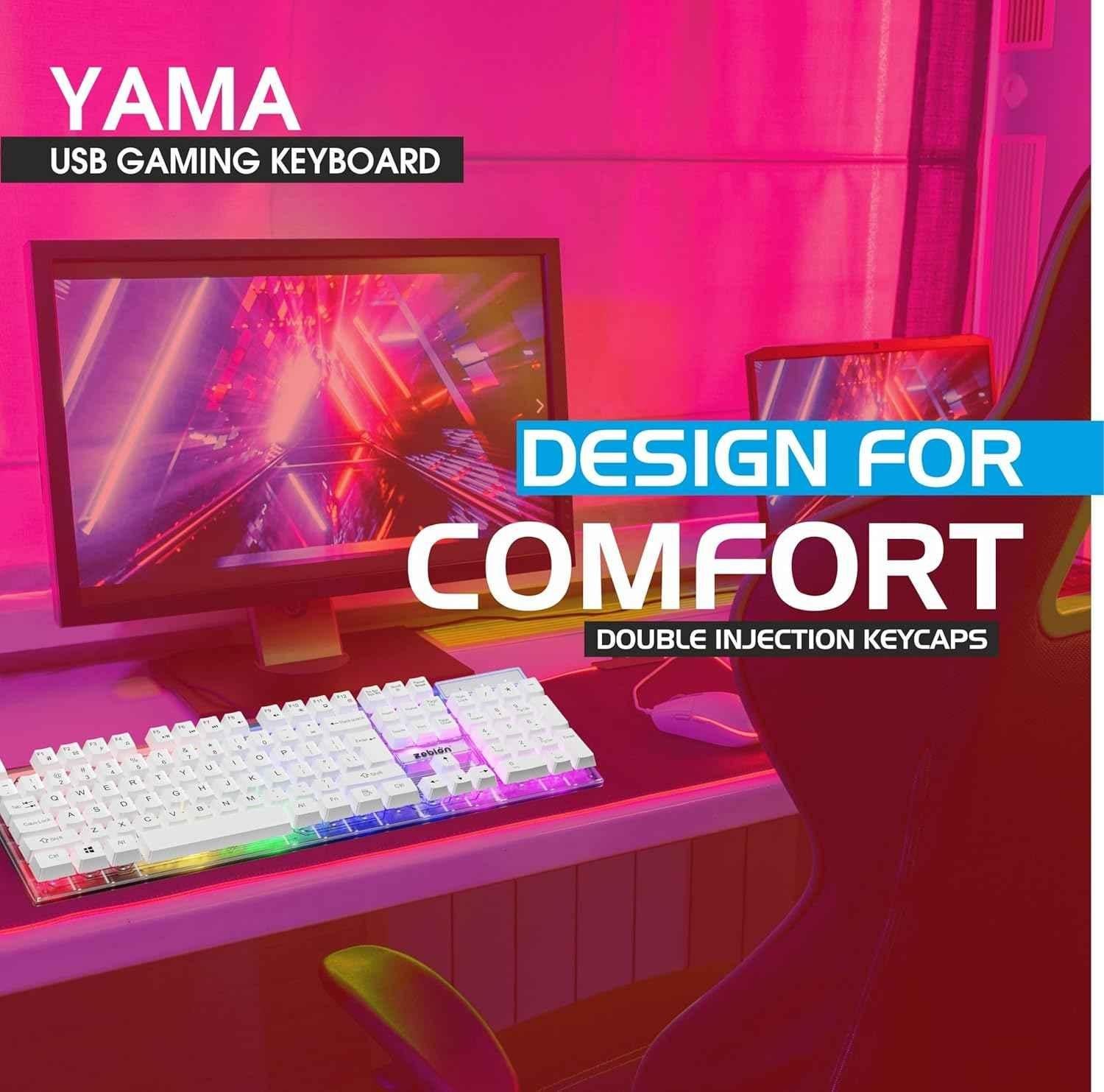 Zebion YAMA USB White Wired LED Gaming Keyboard with Splash Resistance & 104 Rainbow Backlit Keys - view 3