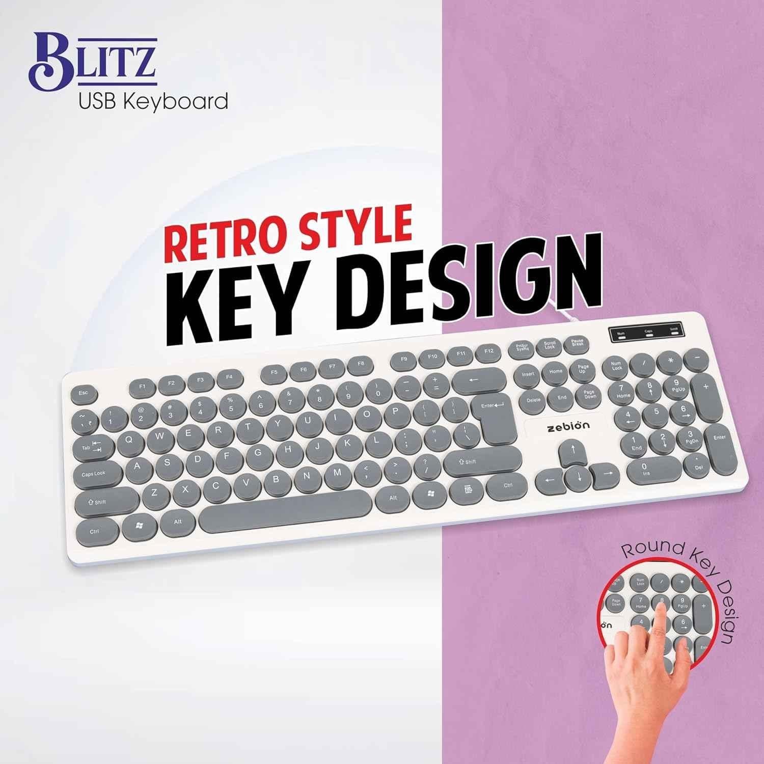Zebion Blitz USB Grey Wired Keyboard with Retro Style Rounded Key Design - view 2