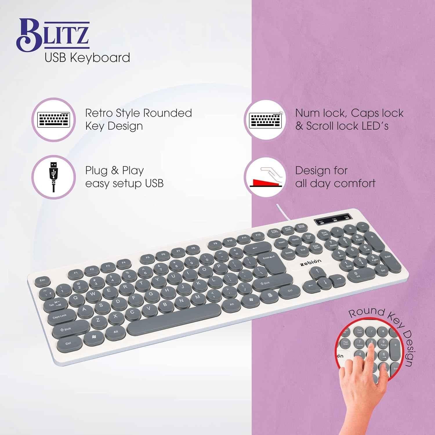Zebion Blitz USB Grey Wired Keyboard with Retro Style Rounded Key Design - view 3