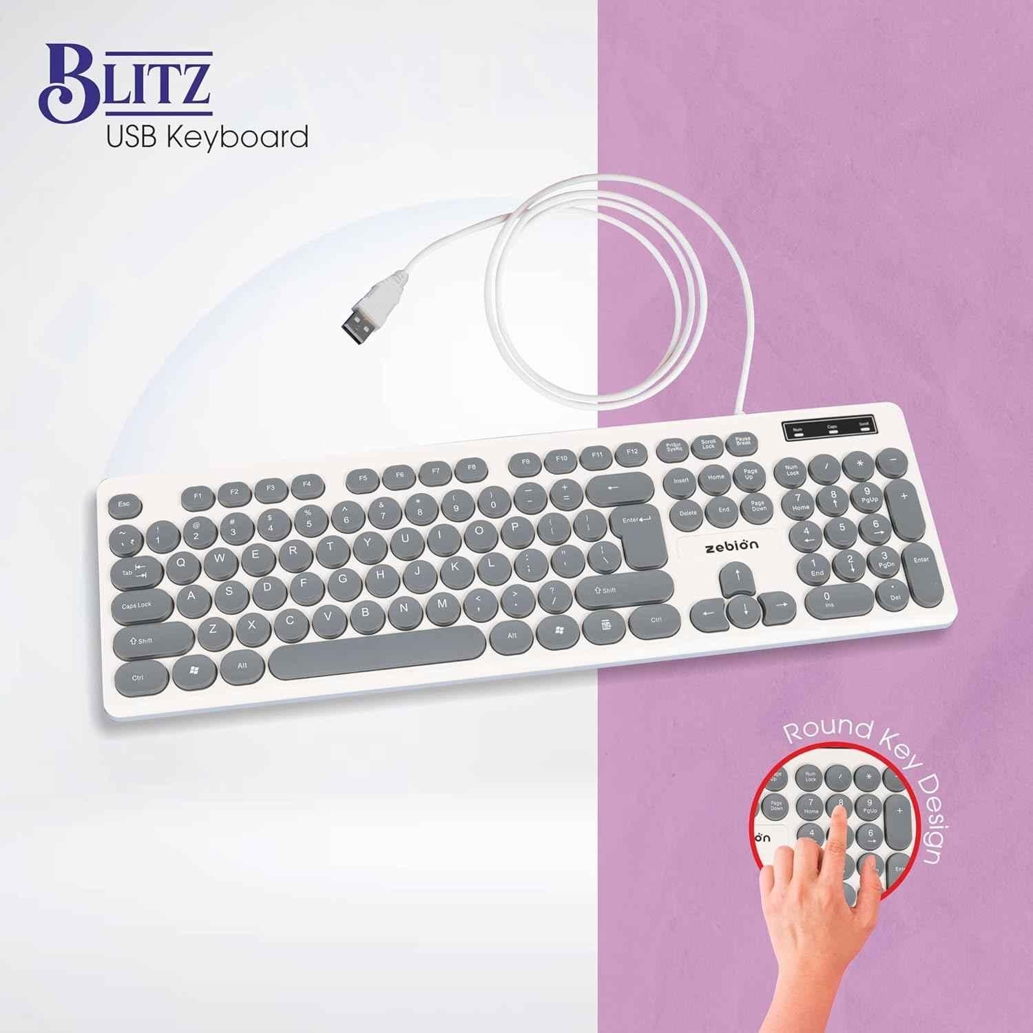 Zebion Blitz USB Grey Wired Keyboard with Retro Style Rounded Key Design - view 4