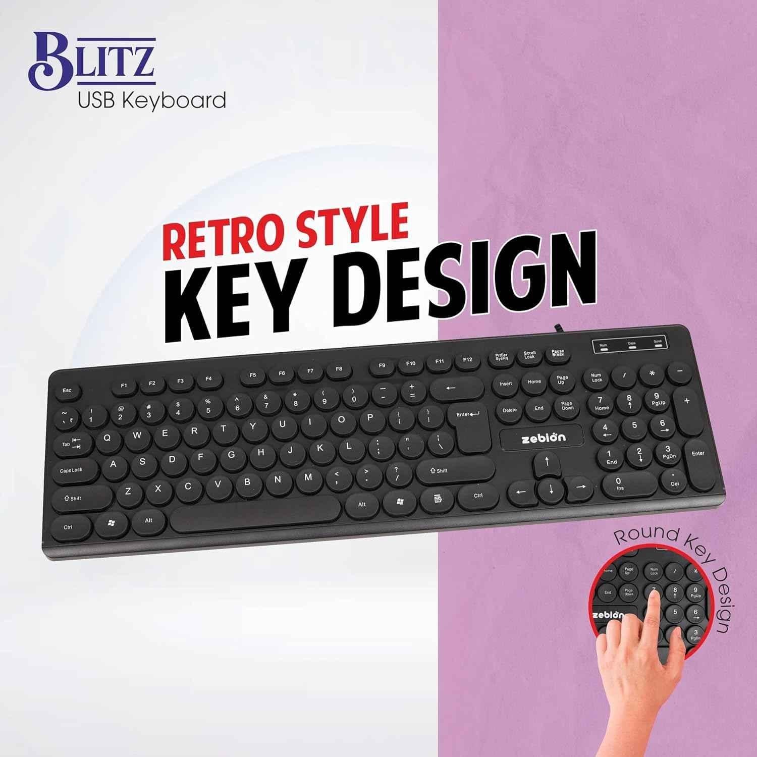 Zebion Blitz USB Black Wired Keyboard with Retro Style Rounded Key Design - view 1