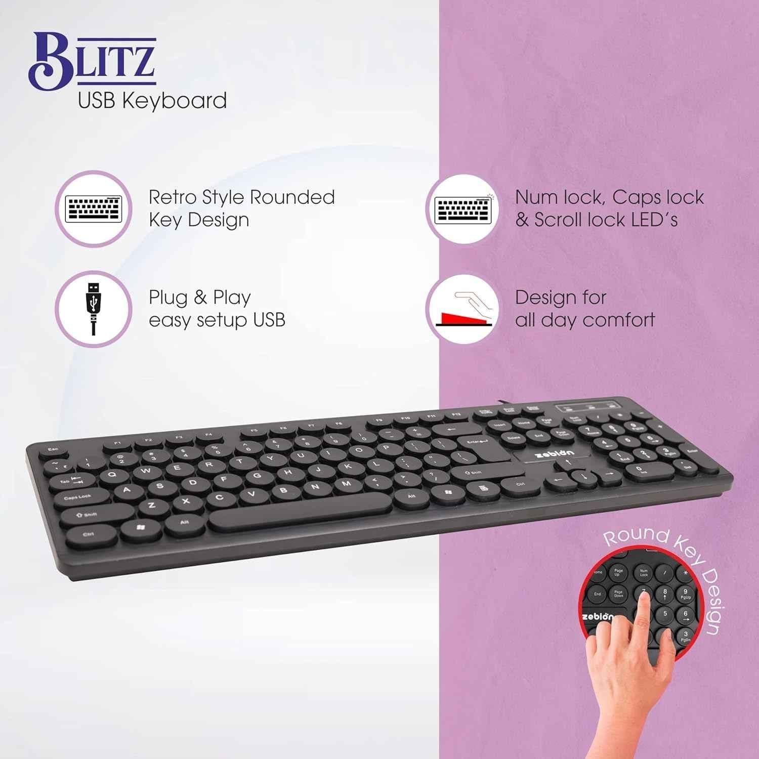 Zebion Blitz USB Black Wired Keyboard with Retro Style Rounded Key Design - view 2