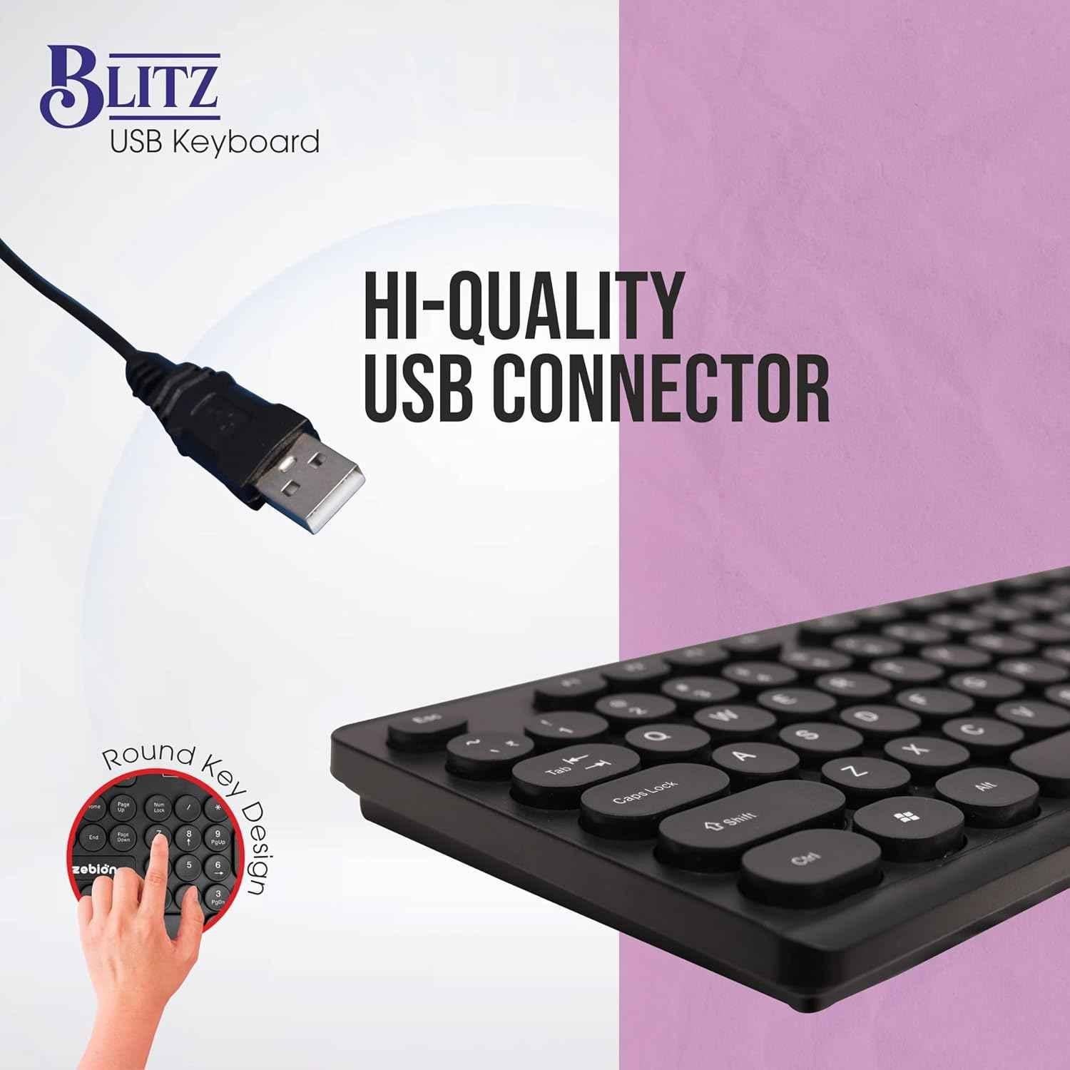 Zebion Blitz USB Black Wired Keyboard with Retro Style Rounded Key Design - view 3