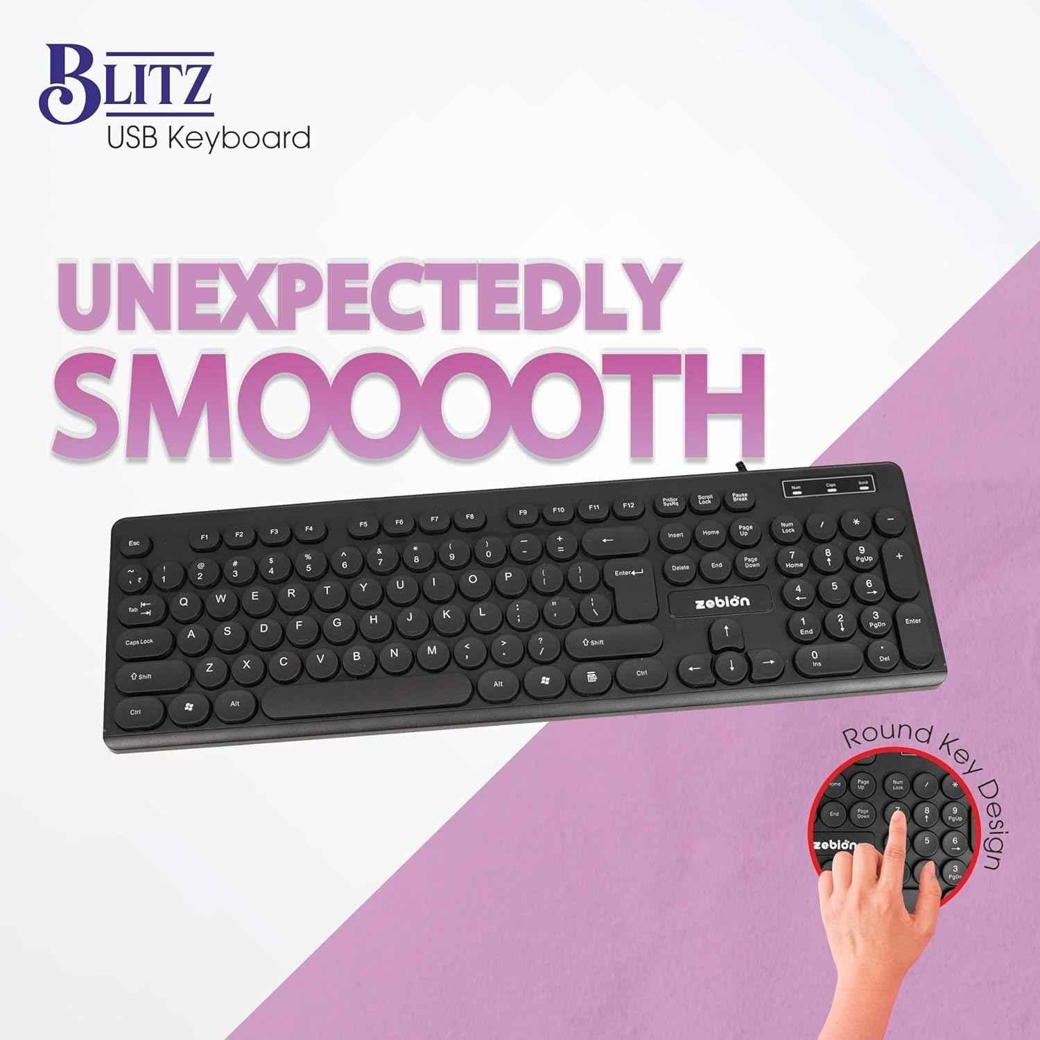 Zebion Blitz USB Black Wired Keyboard with Retro Style Rounded Key Design - view 4