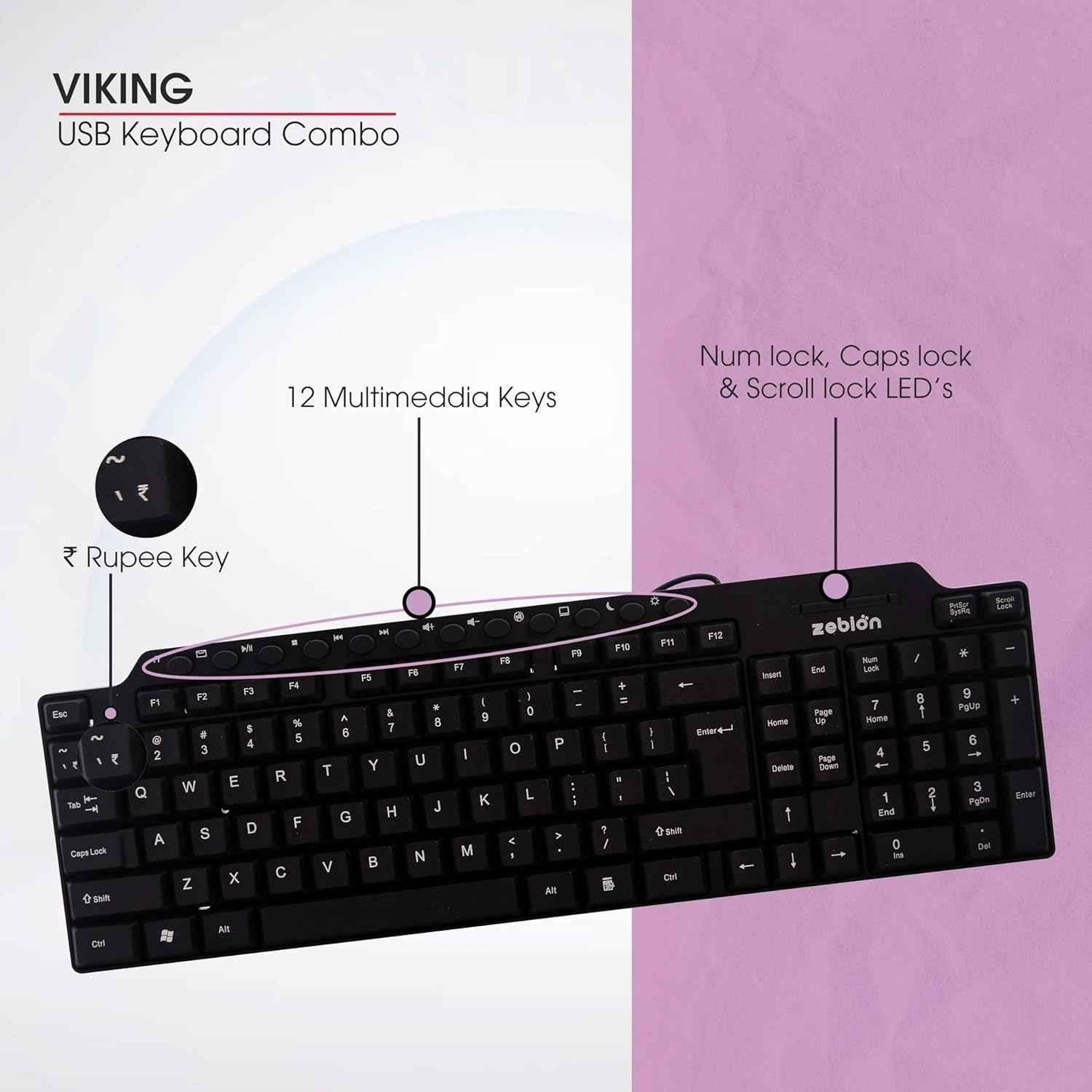 Zebion Vikings USB Wired Keyboard & 1200dpi Mouse with Nano Receiver Combo, ITD-27 - view 3