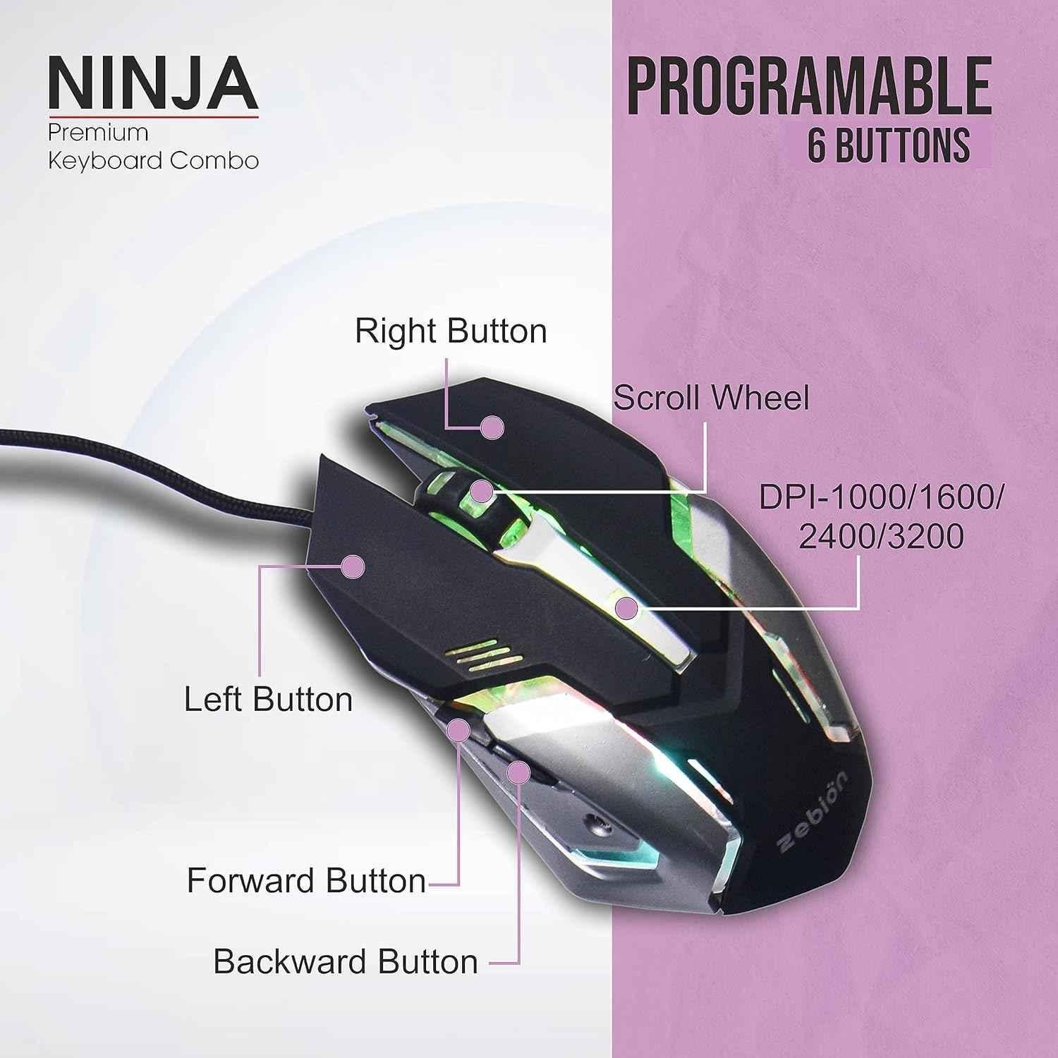 Zebion Ninja Gaming Wired 104 Keys USB 2.0 Black Keyboard & Ninja M 6 Buttons Multicolour LED Gaming Mouse Combo, ITD-25 - view 3