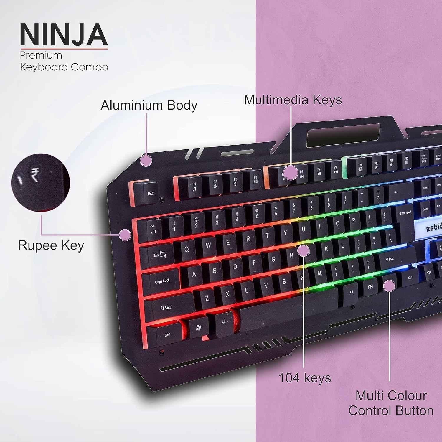 Zebion Ninja Gaming Wired 104 Keys USB 2.0 Black Keyboard & Ninja M 6 Buttons Multicolour LED Gaming Mouse Combo, ITD-25 - view 4