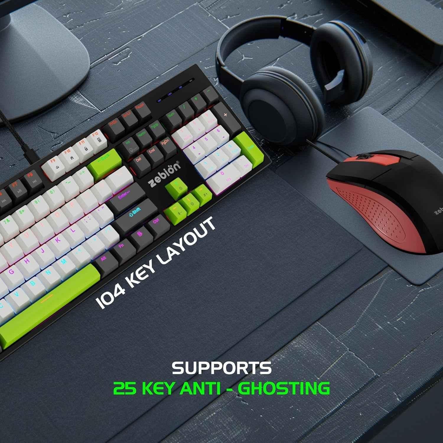 Zebion Spear USB White & Green Wired Mechanical Gaming Keyboard with Tactile Switches, 16 Lighting Effects, 25 Anti Ghosting Keys & 12 Multimedia Keys - view 2