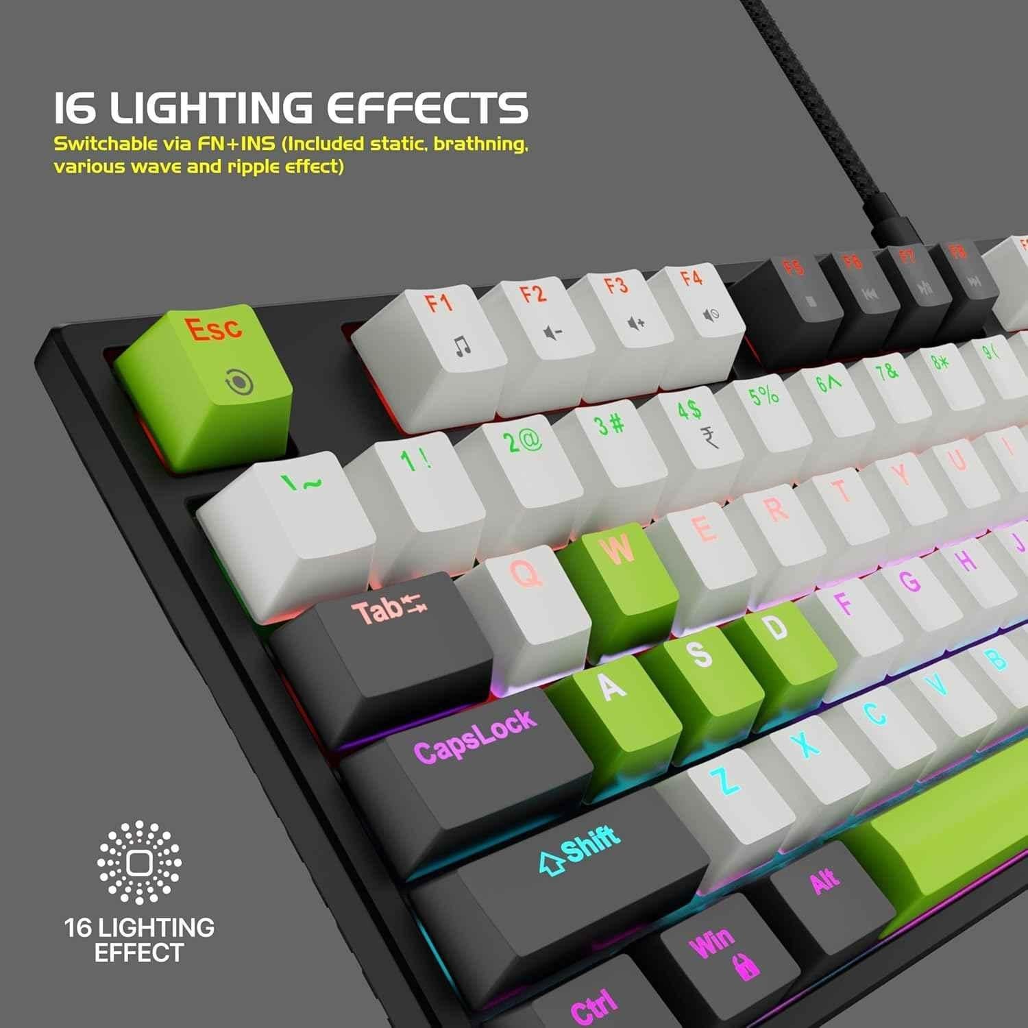 Zebion Spear USB White & Green Wired Mechanical Gaming Keyboard with Tactile Switches, 16 Lighting Effects, 25 Anti Ghosting Keys & 12 Multimedia Keys - view 3