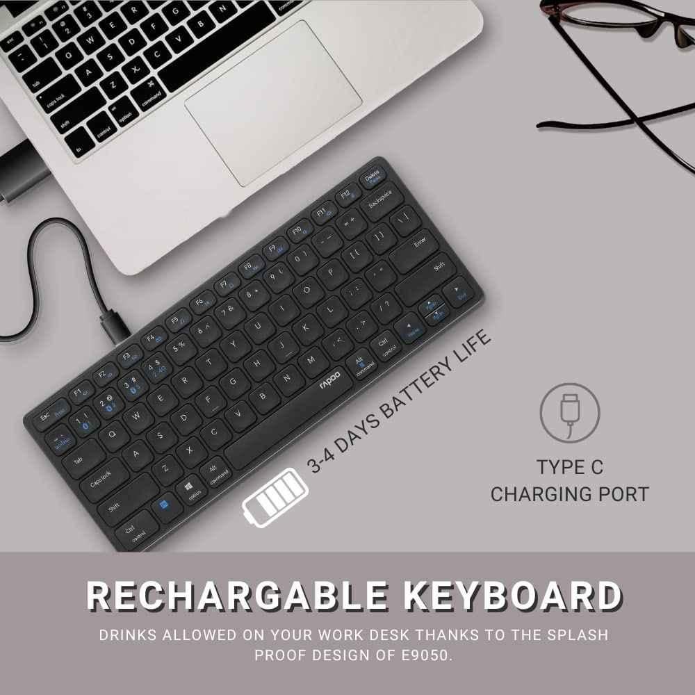 Rapoo Dark Grey Bluetooth Rechargeable Type-C USB Wireless Keyboard, E9050G - view 2