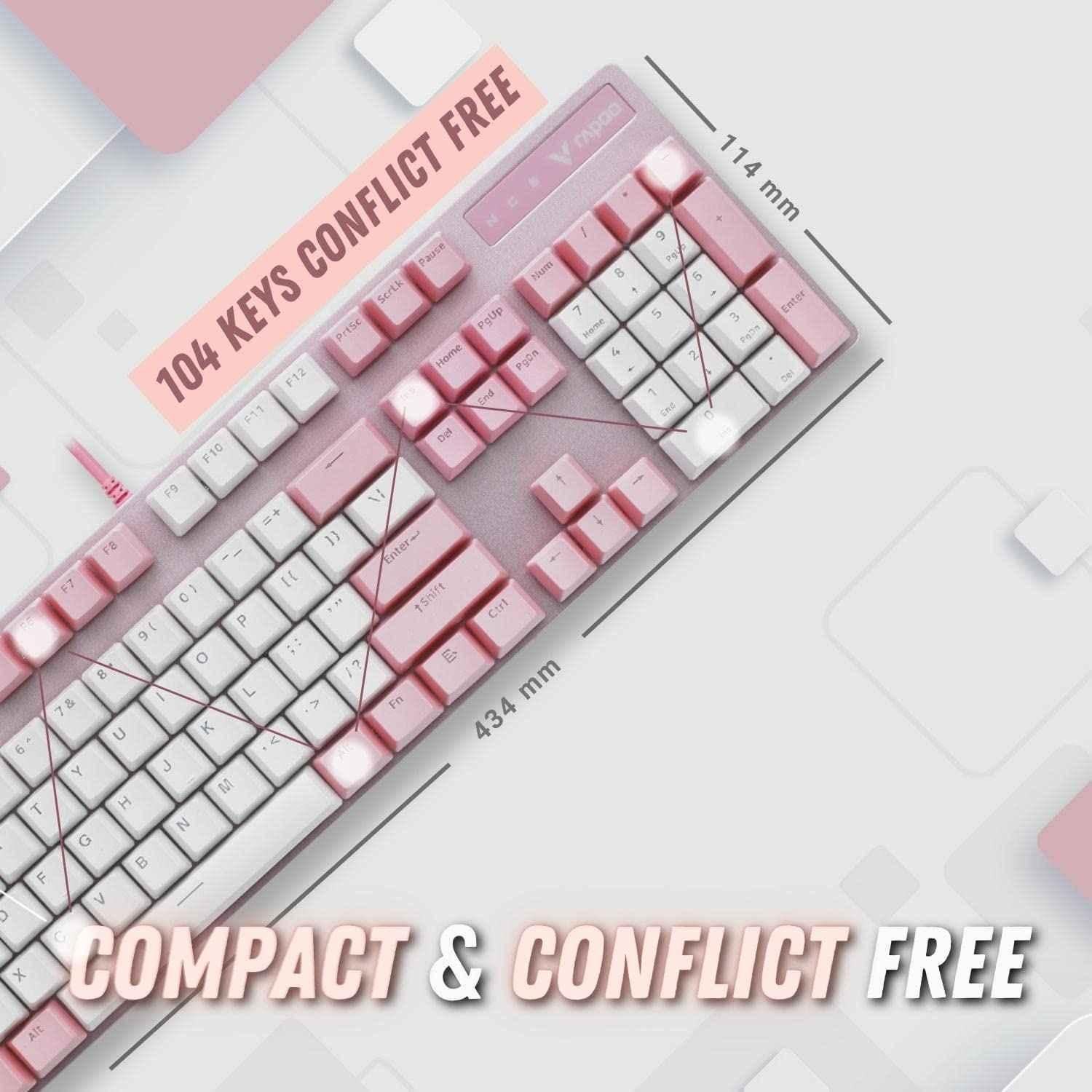 Rapoo 104 Keys Pink & White Aluminium Alloy Wired Full Size Mechanical USB-A Gaming Keyboard, V500 PRO - view 1