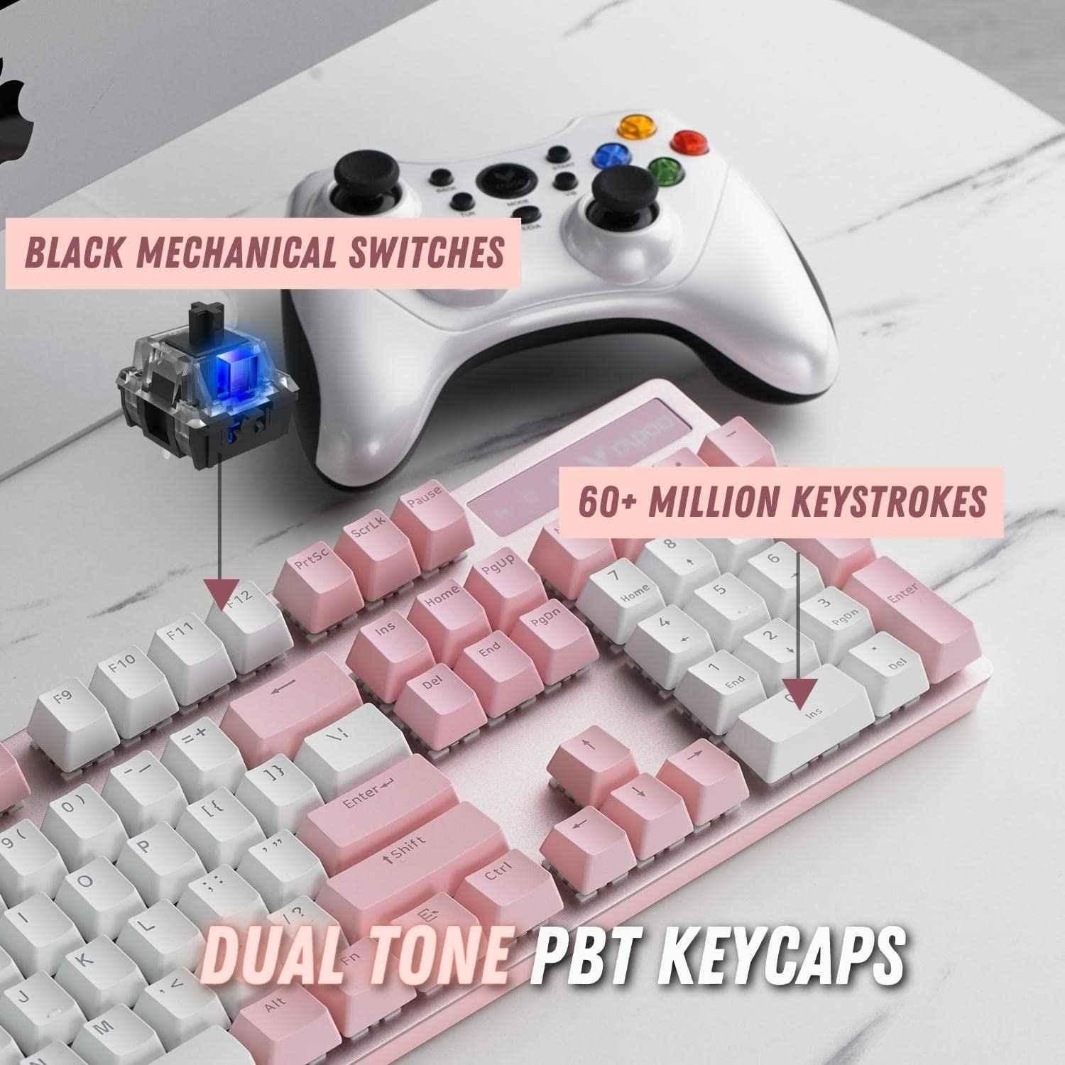 Rapoo 104 Keys Pink & White Aluminium Alloy Wired Full Size Mechanical USB-A Gaming Keyboard, V500 PRO - view 3