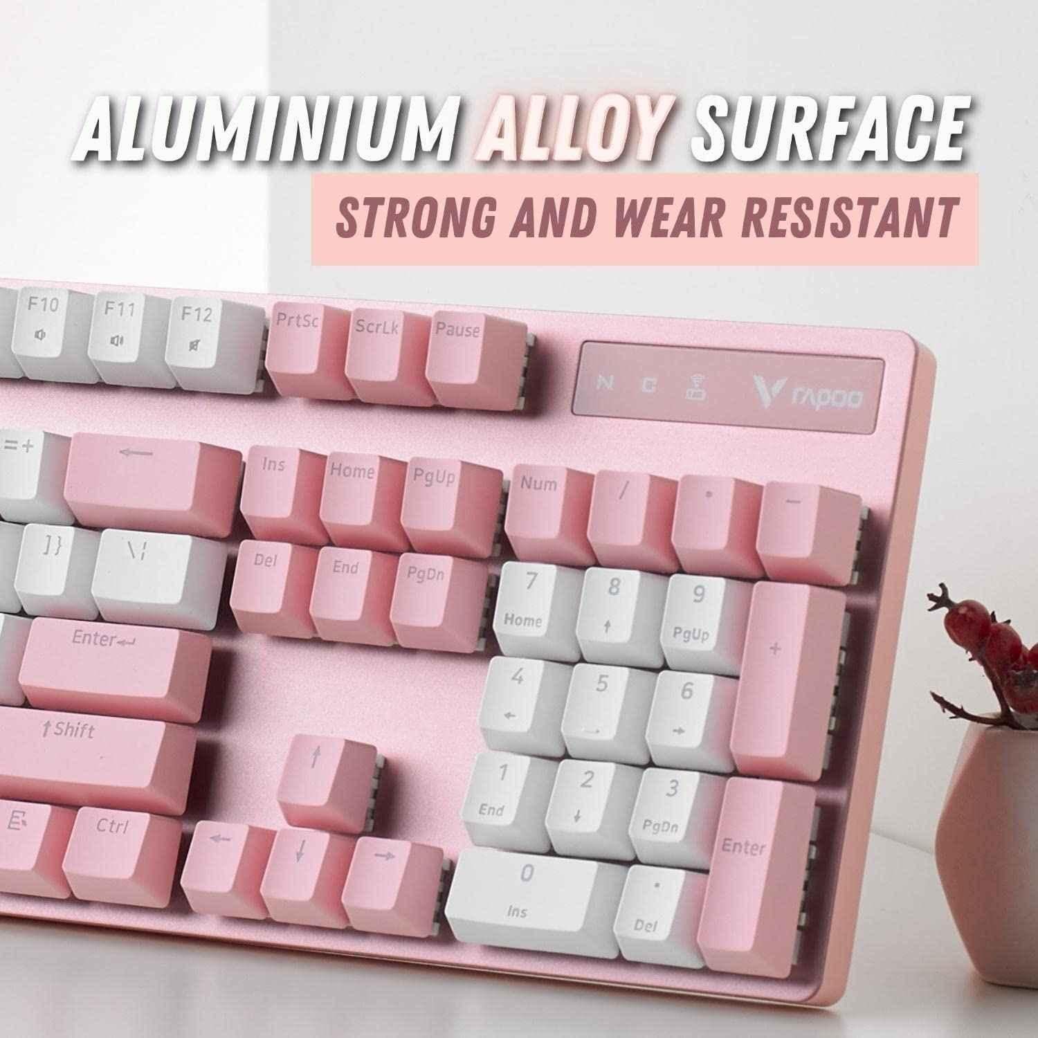 Rapoo 104 Keys Pink & White Aluminium Alloy Wired Full Size Mechanical USB-A Gaming Keyboard, V500 PRO - view 5