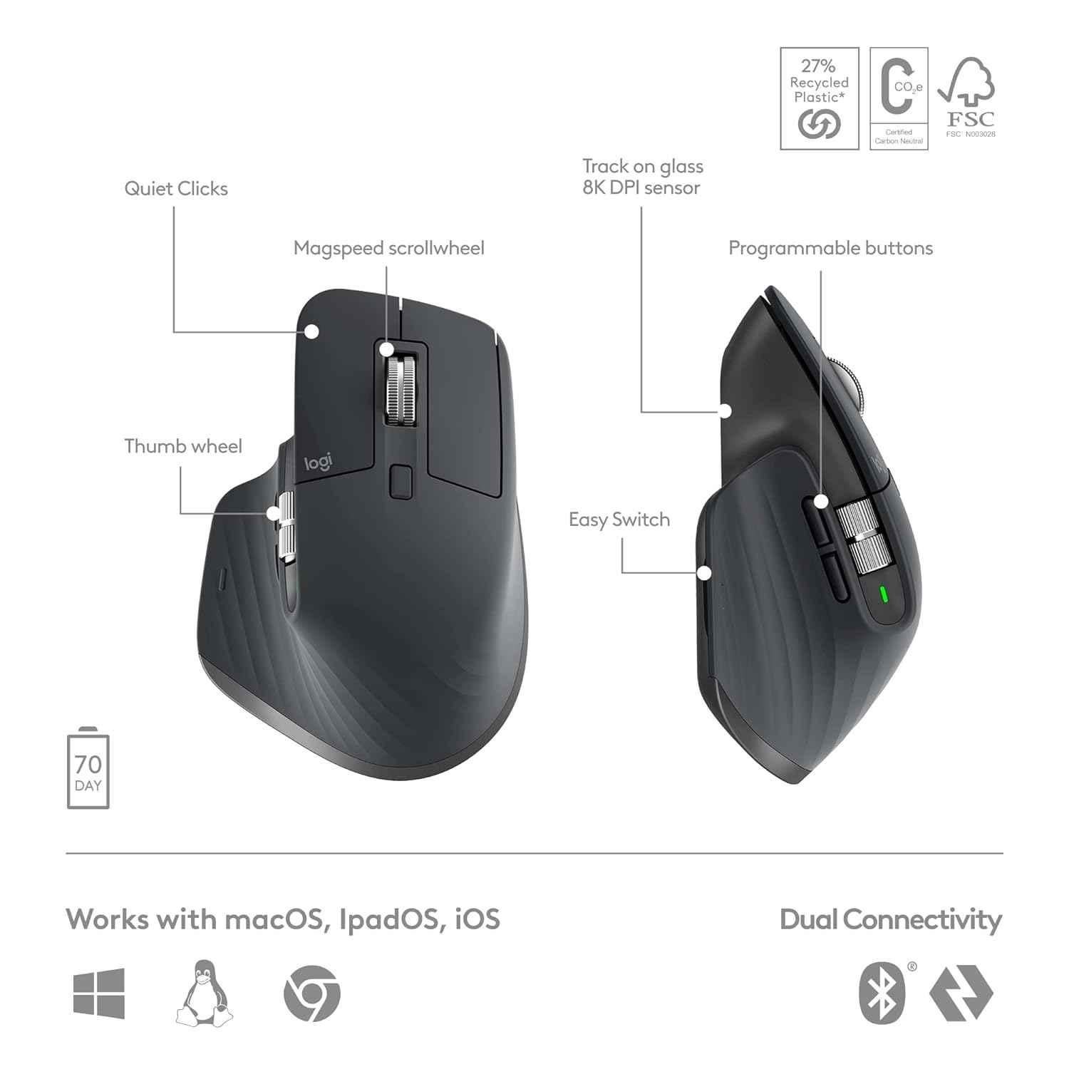 Logitech MX Keys S Black Rechargeable Wireless Keyboard & Mouse Combo with Palm Rest, Customisable Illumination & Fast Scrolling - view 2