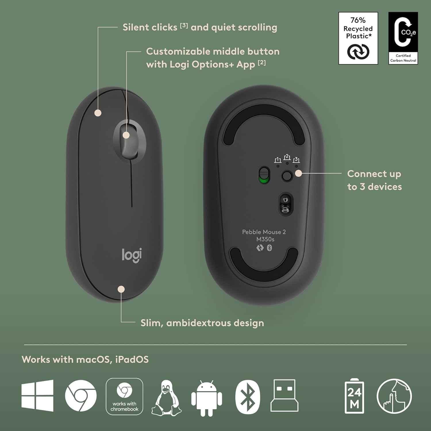 Logitech Pebble 2 Tonal Graphite Wireless Keyboard & Mouse Combo with Quiet & Portable, Customizable Keys, Bluetooth & Easy-Switch - view 1