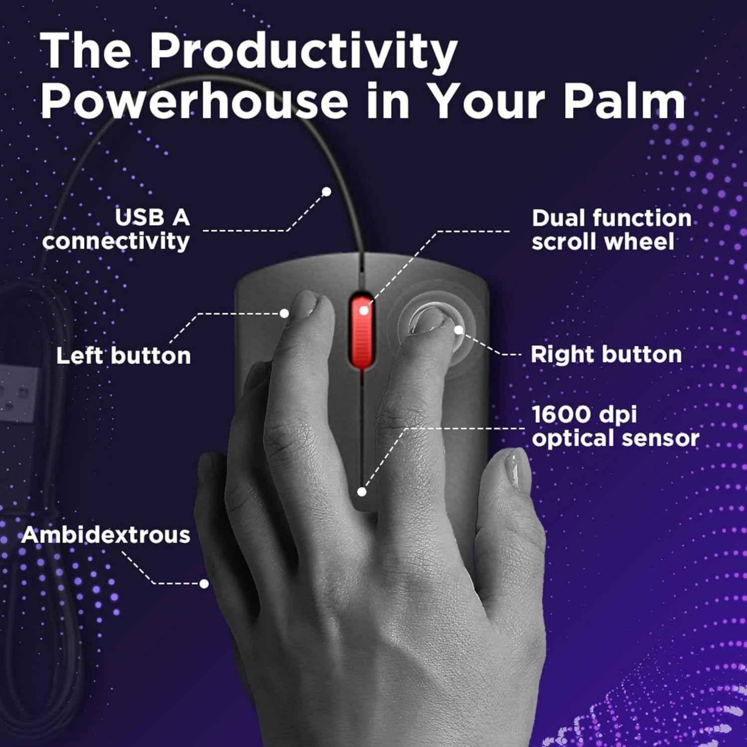 Lenovo 120 1600DPI Plastic Black USB Wired Optical Mouse, GY51L52636 - view 5