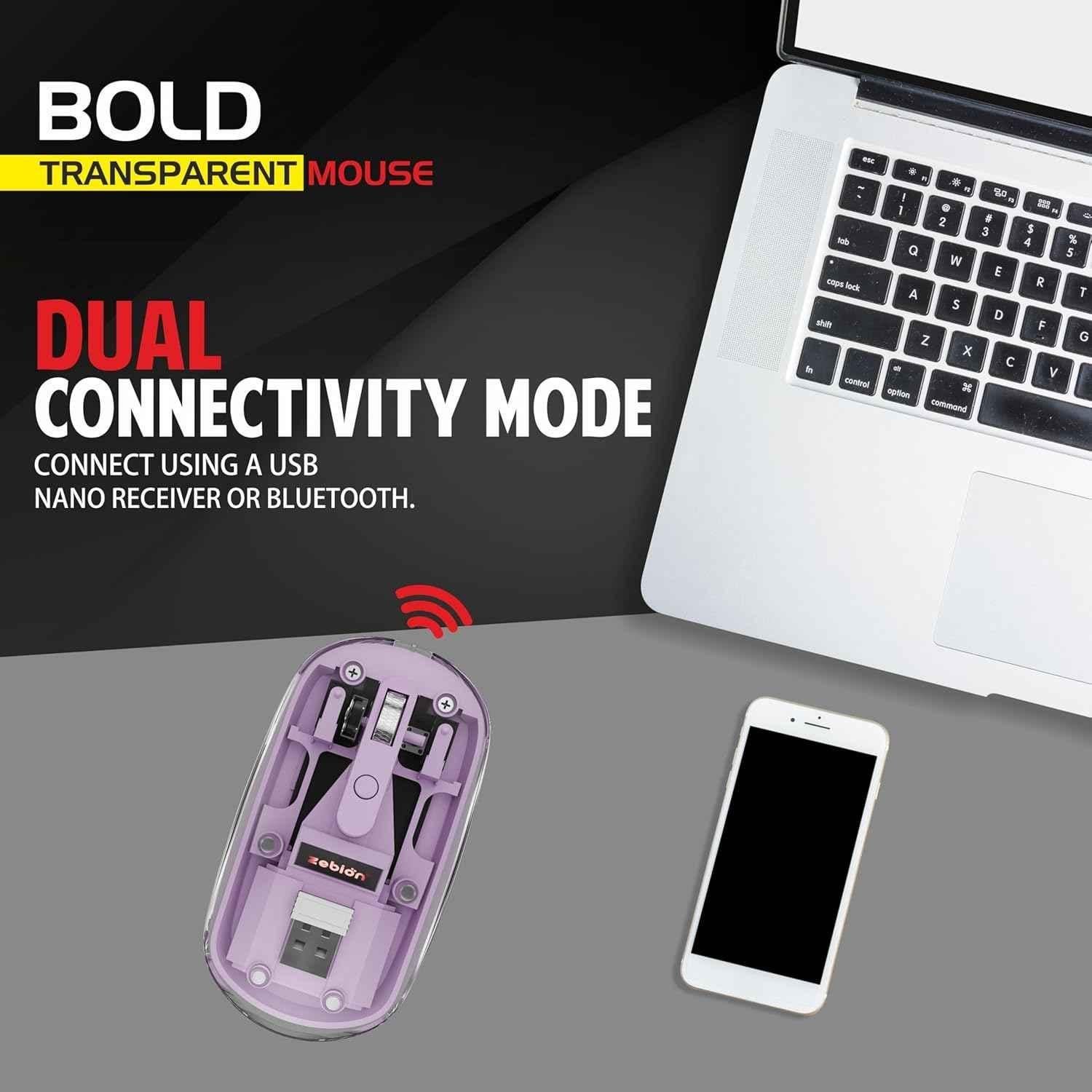 Zebion Bold 1600dpi 2.4GHz Lilac Base Dual Mode Bluetooth Rechargeable Optical Wireless Mouse - view 1