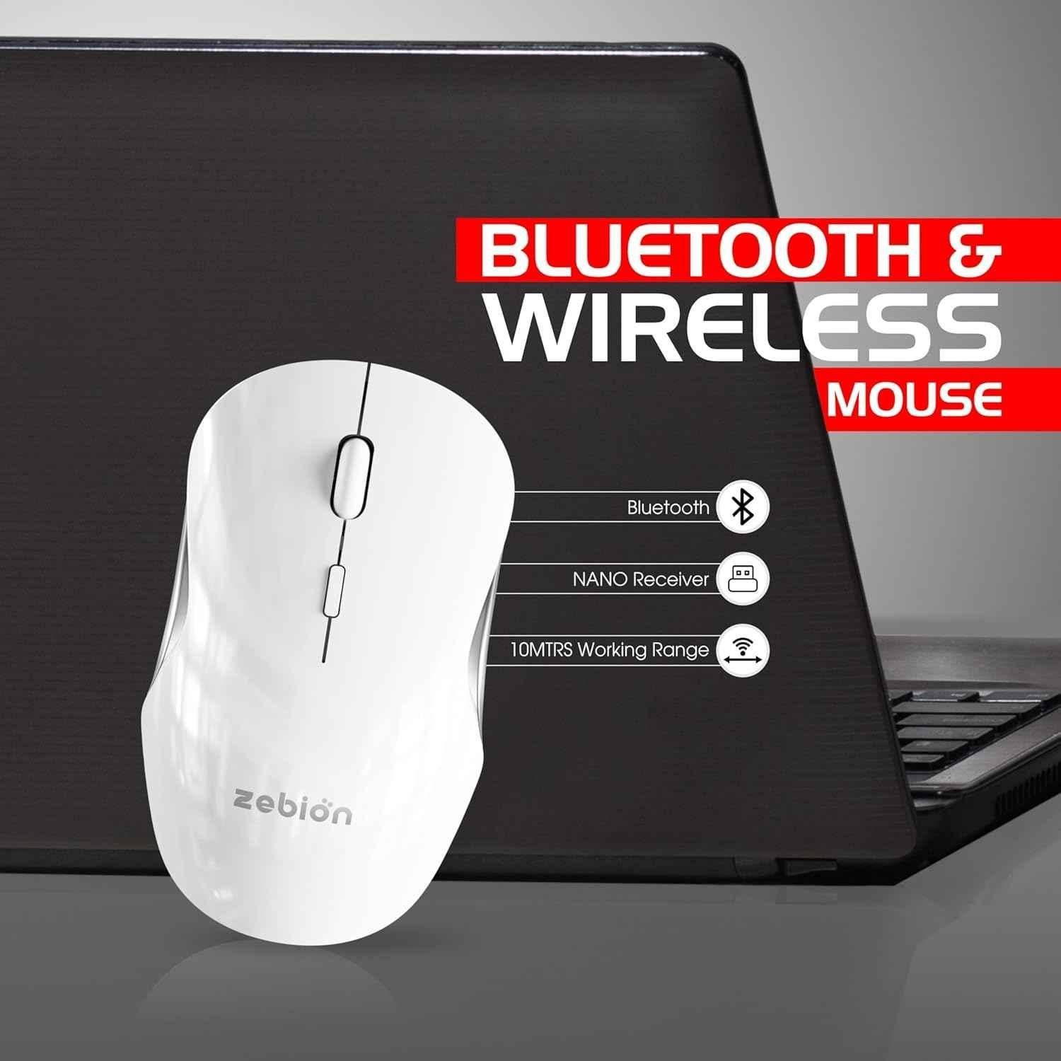 Zebion Connect-3 2400dpi 2.4GHz Triple Mode White Bluetooth Rechargeable Optical Wireless Mouse with Type C Cable - view 1