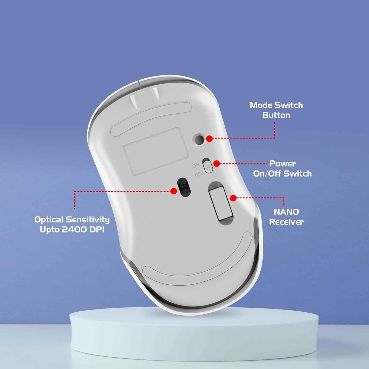 Zebion Connect-3 2400dpi 2.4GHz Triple Mode White Bluetooth Rechargeable Optical Wireless Mouse with Type C Cable - view 4