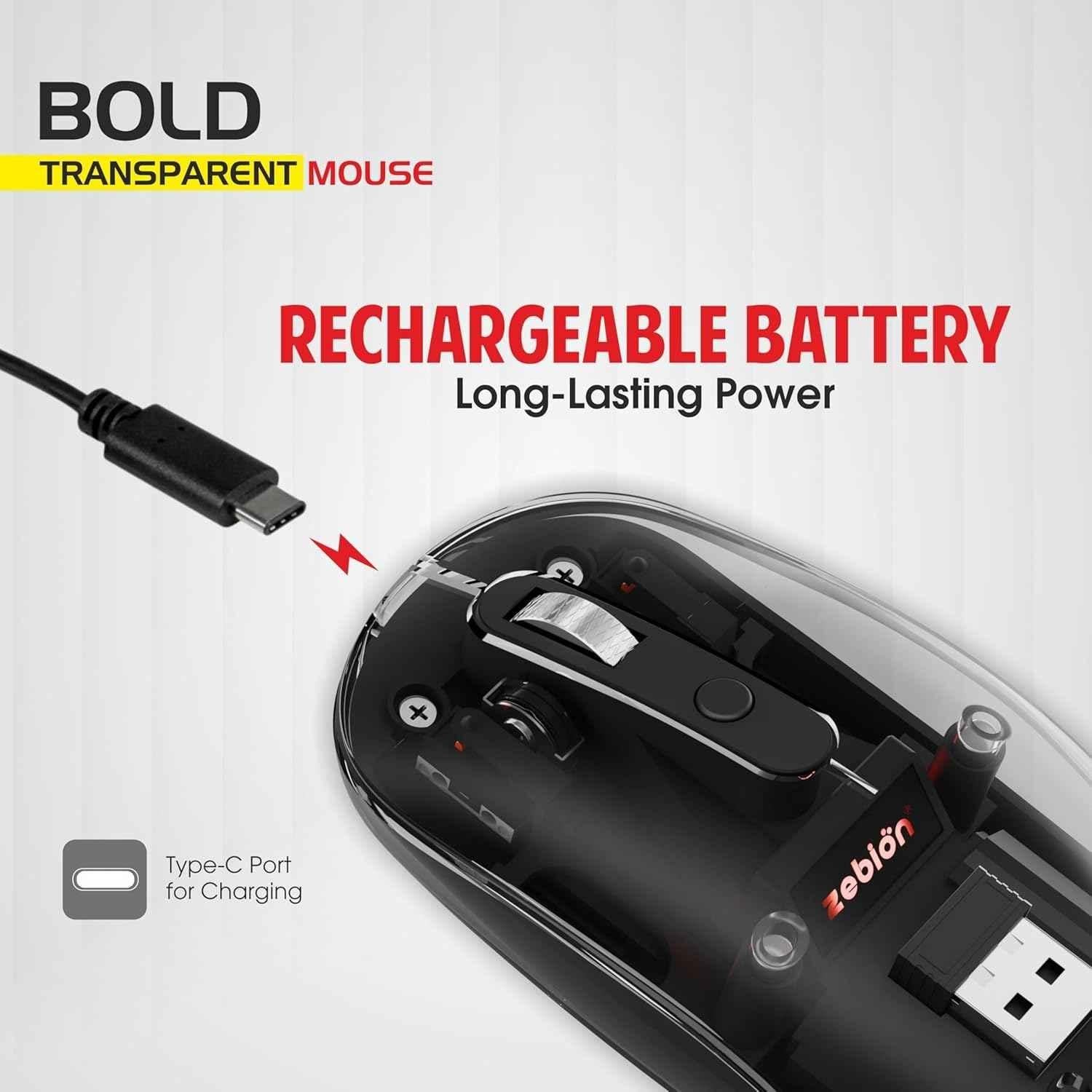 Zebion Bold 1600dpi 2.4GHz Black Base Dual Mode Bluetooth Rechargeable Optical Wireless Mouse - view 2