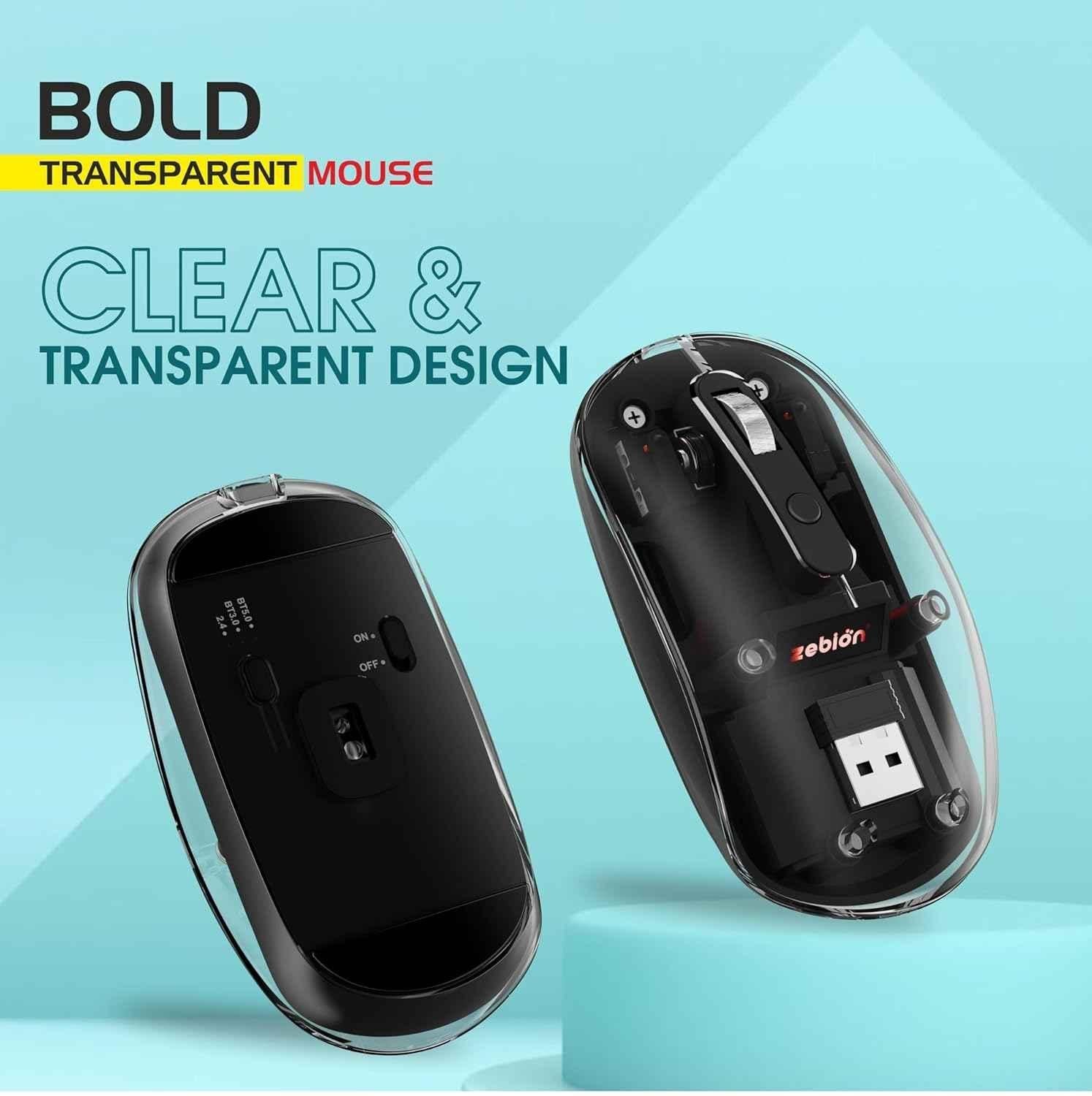 Zebion Bold 1600dpi 2.4GHz Black Base Dual Mode Bluetooth Rechargeable Optical Wireless Mouse - view 3