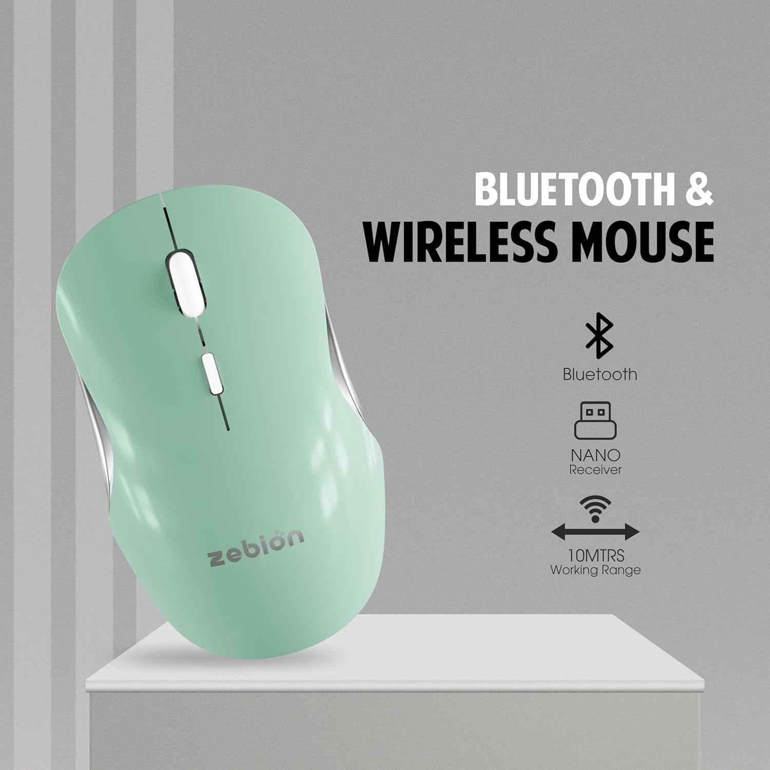 Zebion Connect-3 2400dpi 2.4GHz Dual Connectivity Green Bluetooth Rechargeable Optical Wireless Mouse - view 3