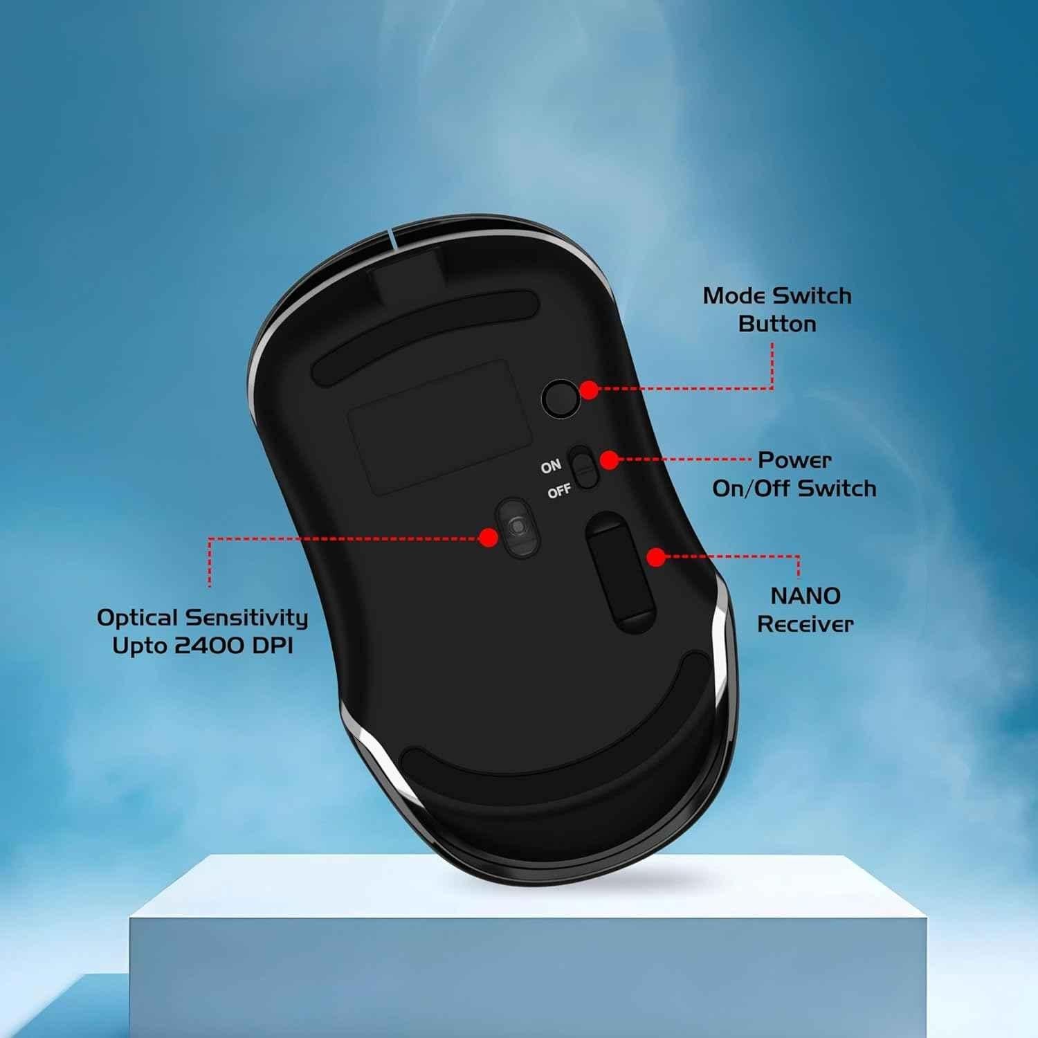 Zebion Connect-3 2400dpi 2.4GHz Triple Mode Grey Bluetooth Rechargeable Optical Wireless Mouse with Type C Cable - view 1