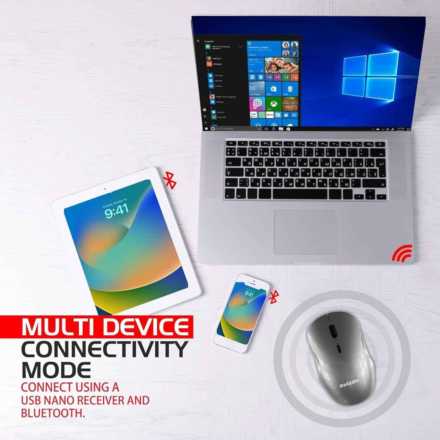 Zebion Connect-3 2400dpi 2.4GHz Triple Mode Grey Bluetooth Rechargeable Optical Wireless Mouse with Type C Cable - view 4