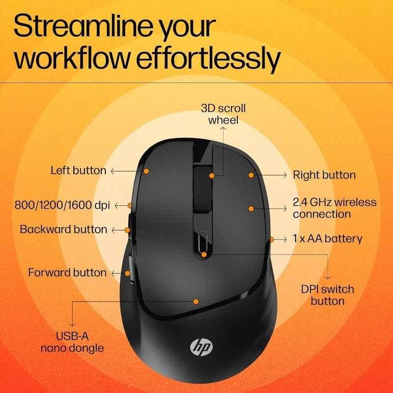 HP M120 1600dpi Black Wireless USB Optical Mouse, 7J4H4AA - view 2