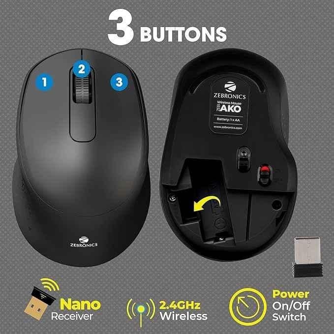 Zebronics Ako 2.4GHz Black Wireless Mouse with Nano Receiver - view 3