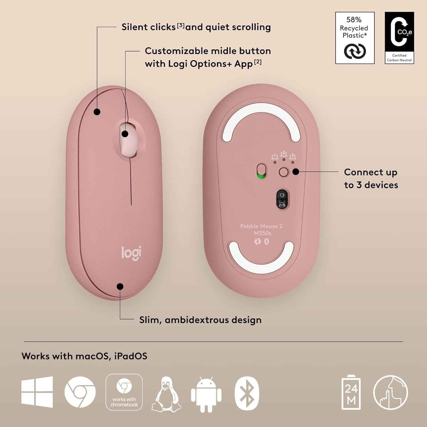 Logitech Pebble 2 M350s Tonal Rose Slim Portable Bluetooth Wireless Mouse with Customisable Button, Quiet Clicks & Easy-Switch - view 3