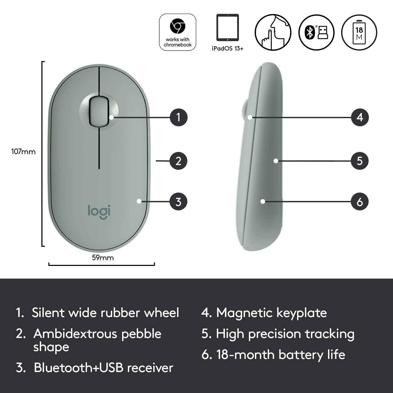 Logitech Pebble M350 Green Slim Wireless Computer Mouse with Bluetooth or 2.4 GHz Receiver & Quiet Click - view 4