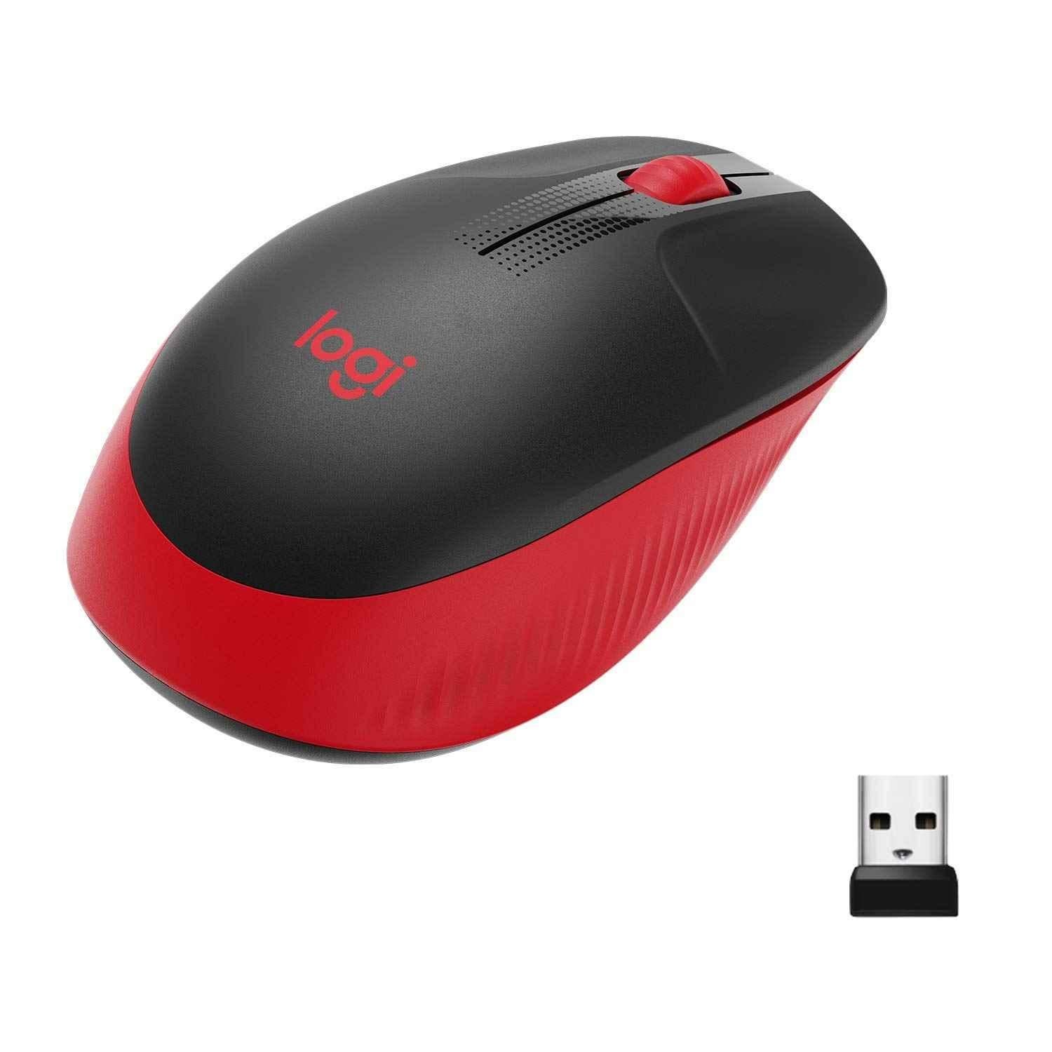 Logitech M190 Red Full Size Ambidextrous Curve Design Wireless Mouse with Power Saving Mode, USB Receiver, Wide Scroll Wheel & Scooped Buttons