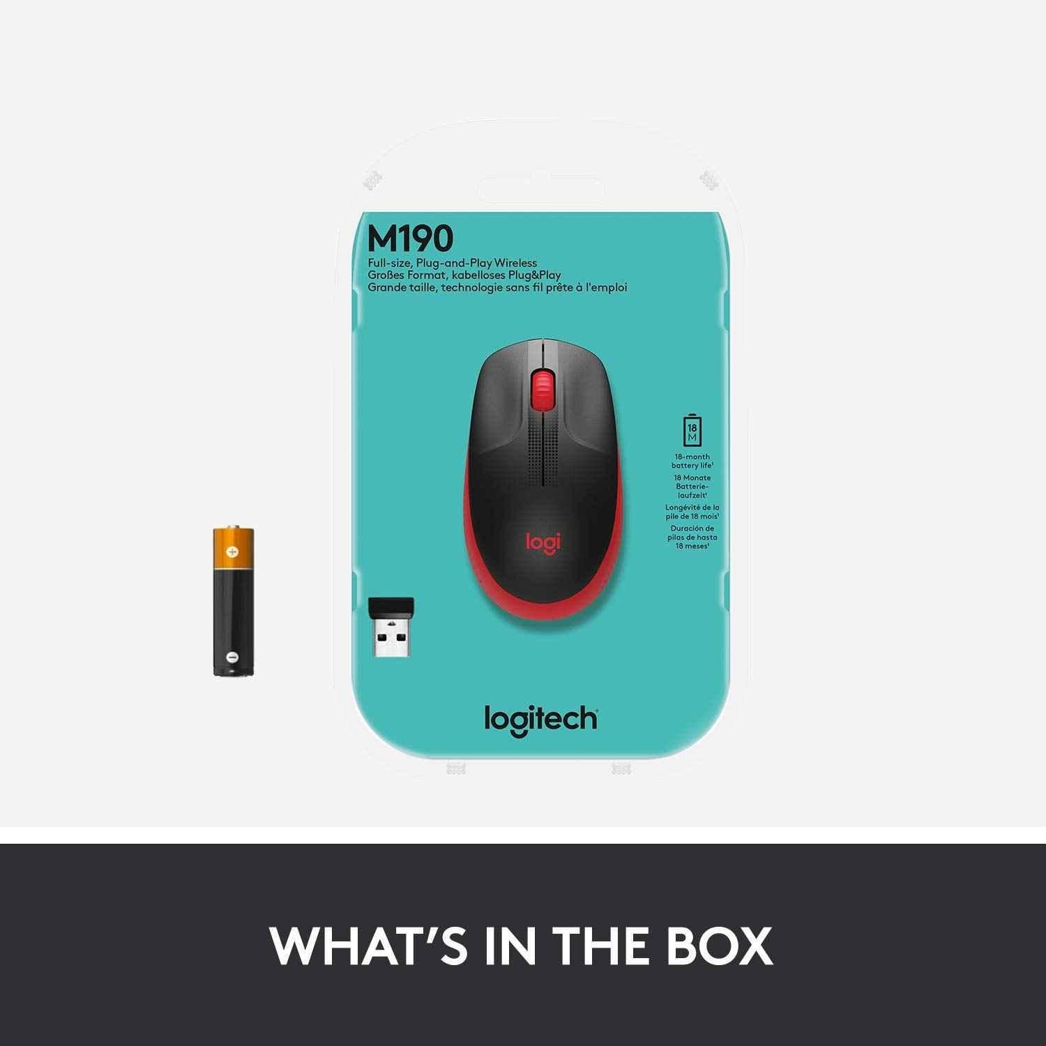 Logitech M190 Red Full Size Ambidextrous Curve Design Wireless Mouse with Power Saving Mode, USB Receiver, Wide Scroll Wheel & Scooped Buttons - view 1