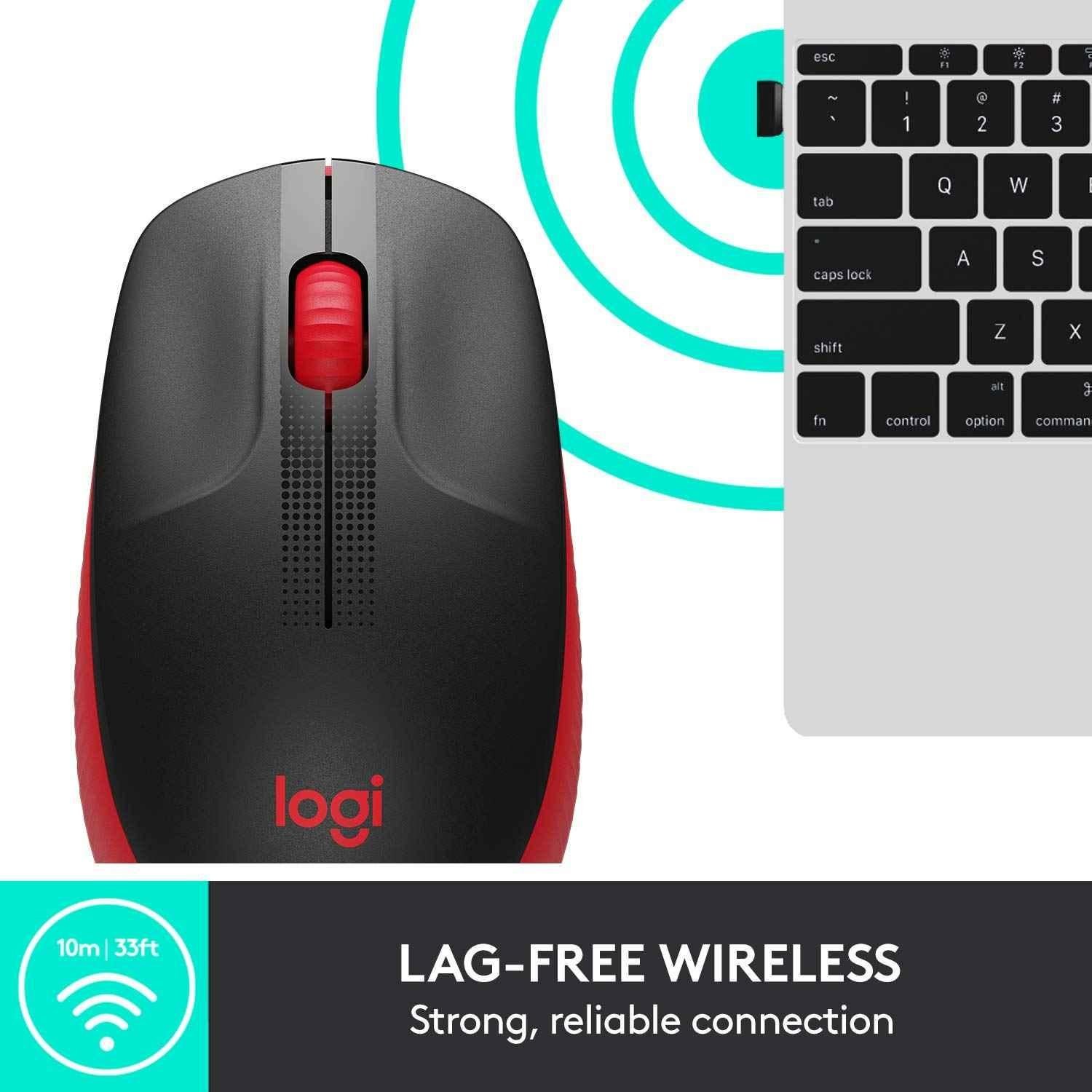 Logitech M190 Red Full Size Ambidextrous Curve Design Wireless Mouse with Power Saving Mode, USB Receiver, Wide Scroll Wheel & Scooped Buttons - view 3